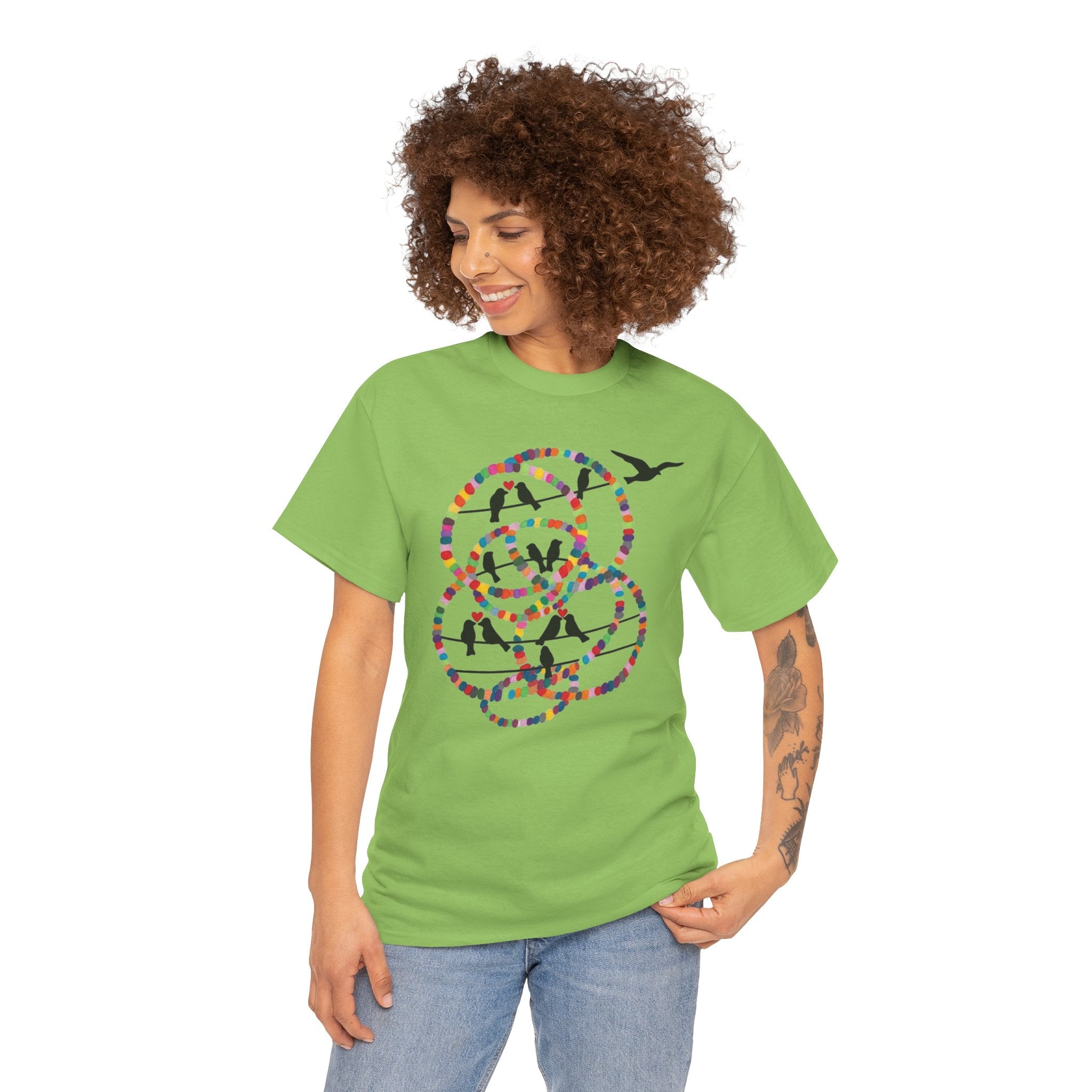 Colorful Tape Swirl with Flying Birds T-Shirt | Abstract Graphic Tee