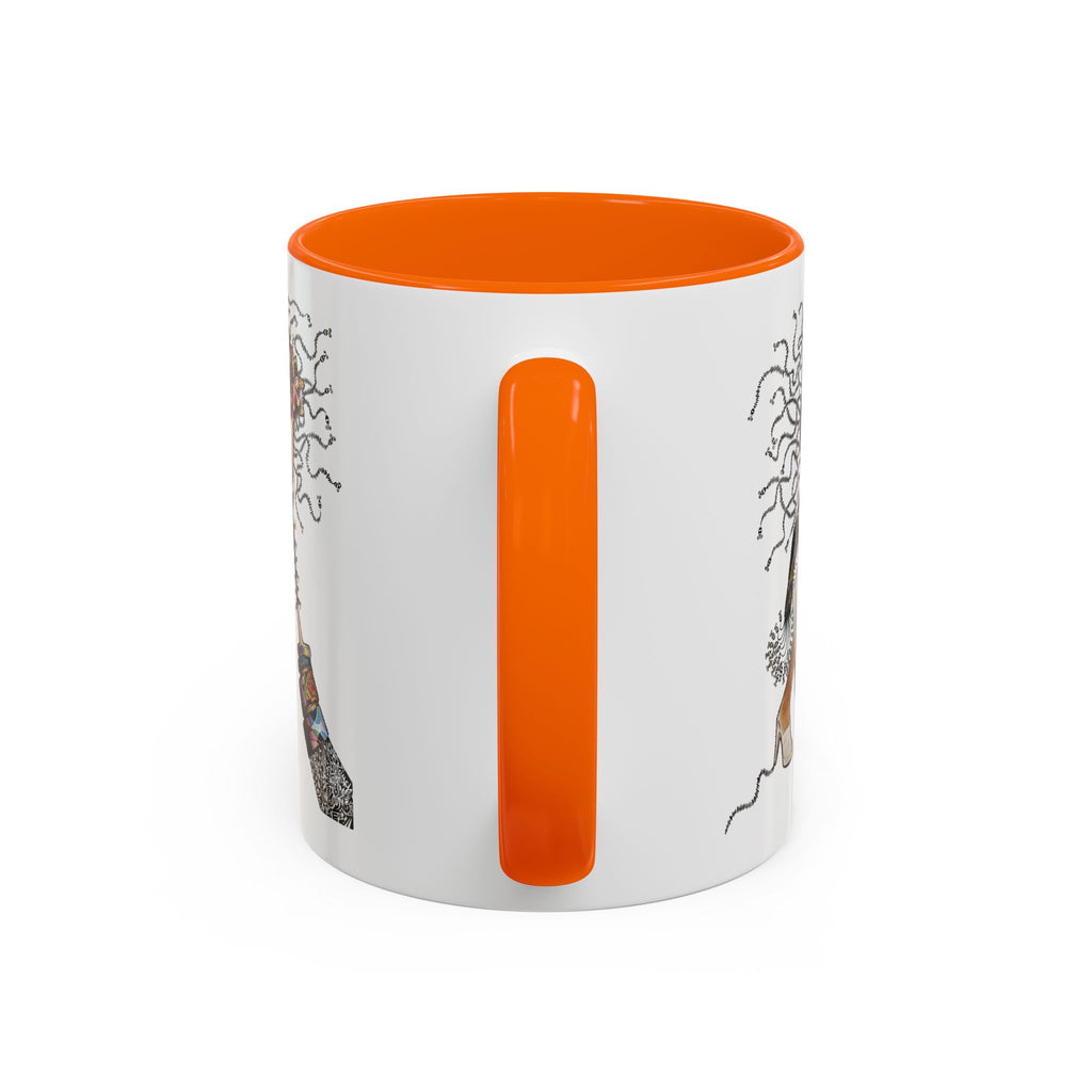 Medusa Face Collage Accent Coffee Mug | Surreal Hair Tendrils, Fashion Elements