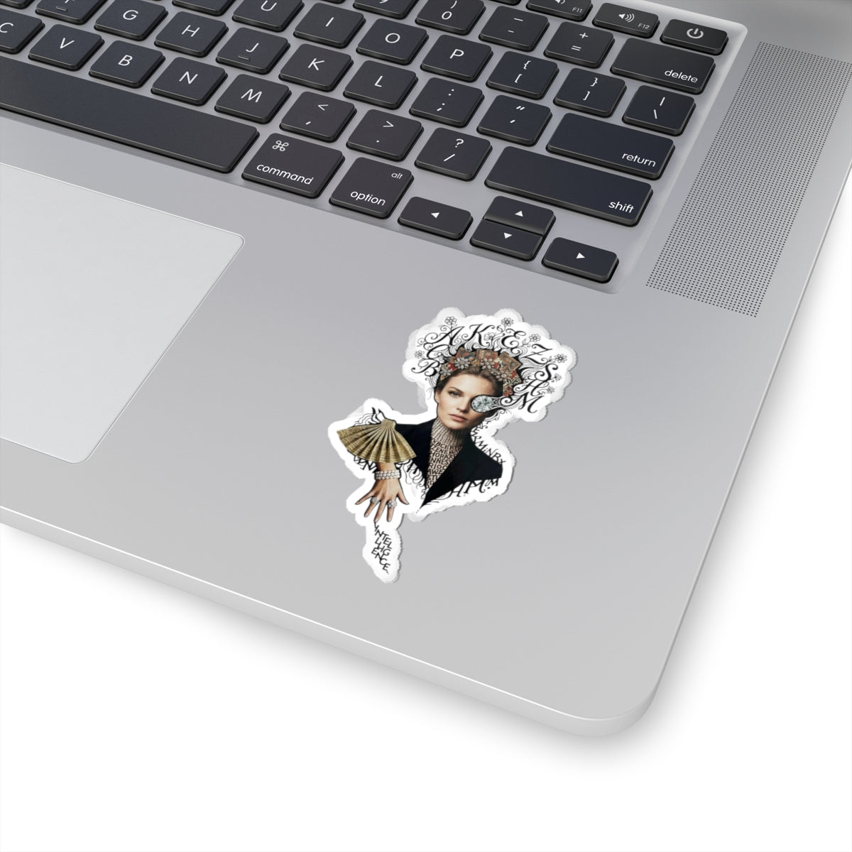Art Nouveau Portrait Kiss-Cut Sticker — Vintage Hand Fan & Monogram Design