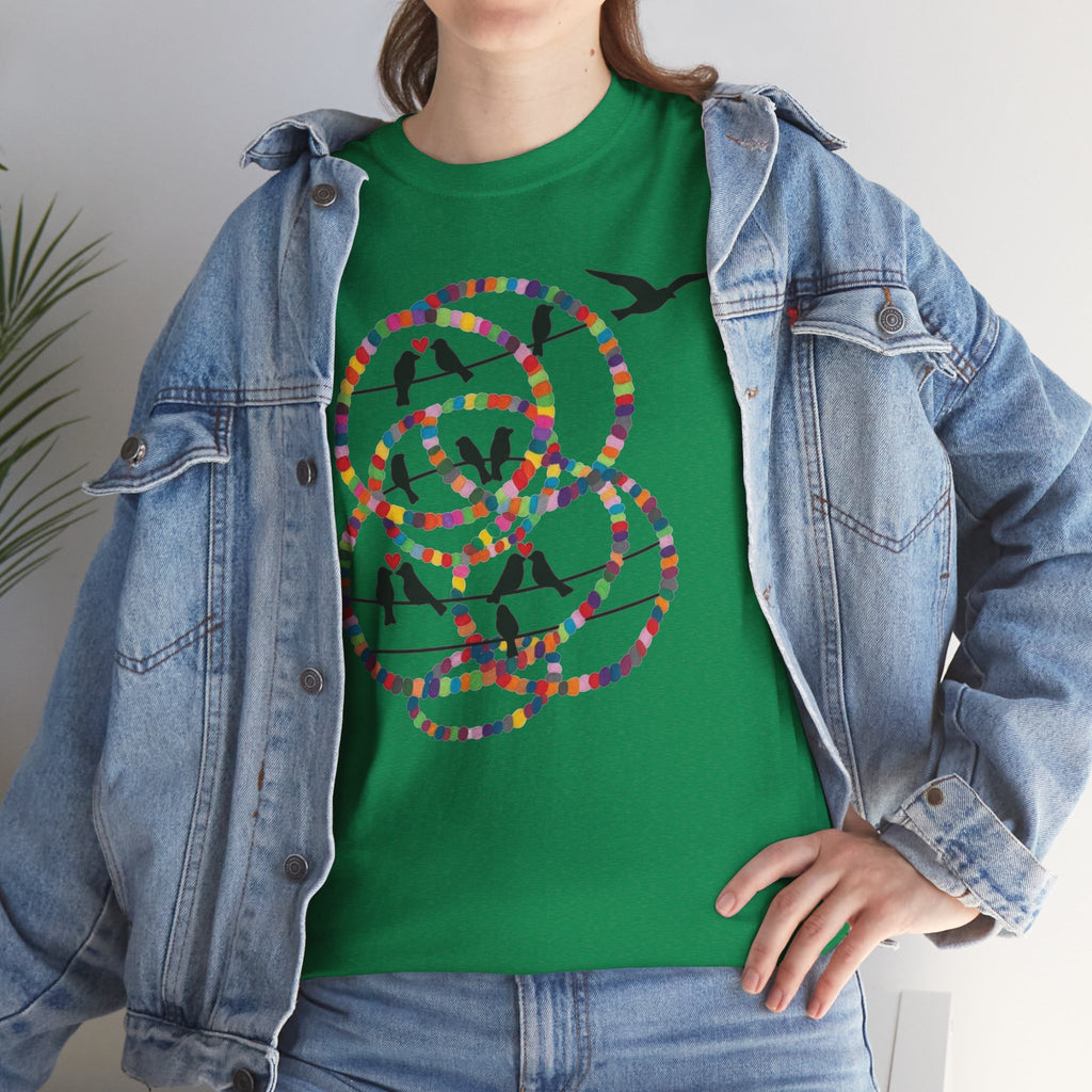 Colorful Tape Swirl with Flying Birds T-Shirt | Abstract Graphic Tee