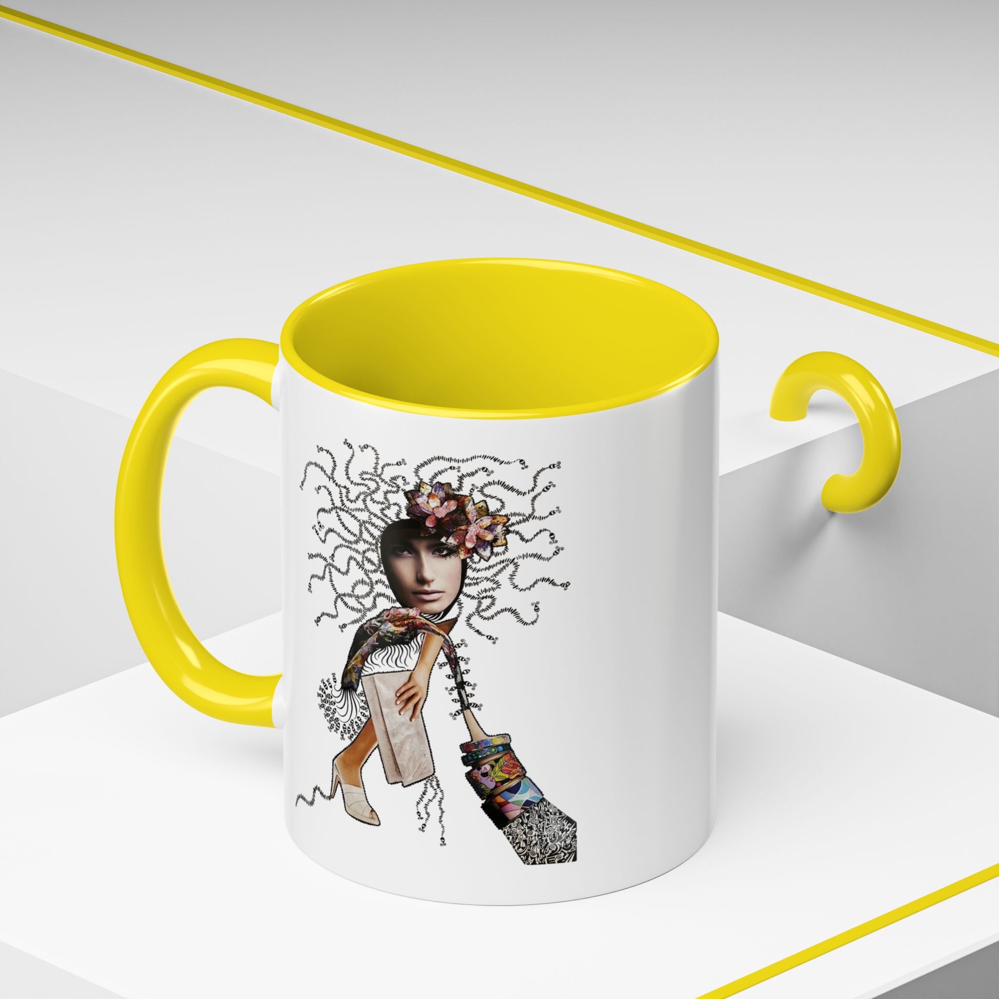 Medusa Face Collage Accent Coffee Mug | Surreal Hair Tendrils, Fashion Elements