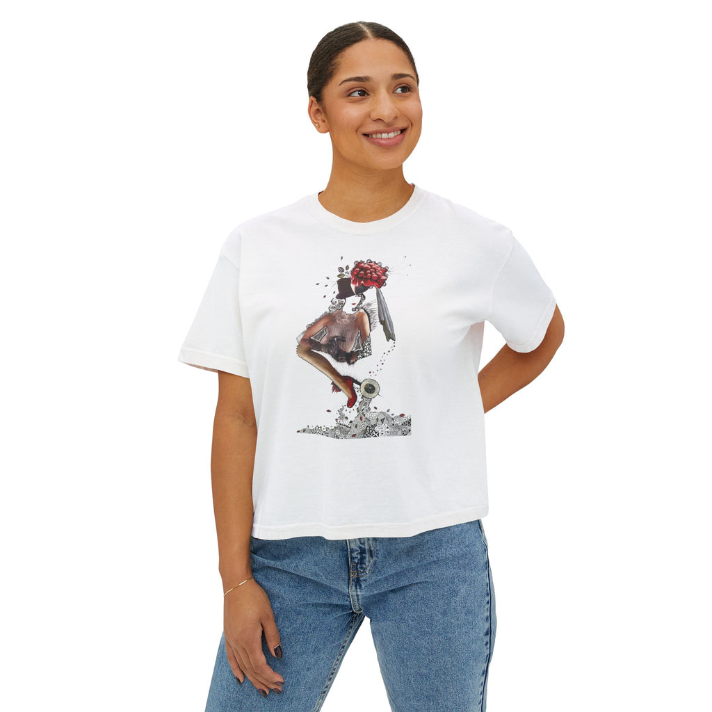 Surreal Floral-Head Figure Boxy Tee | Collage Art, Abstract Portrait