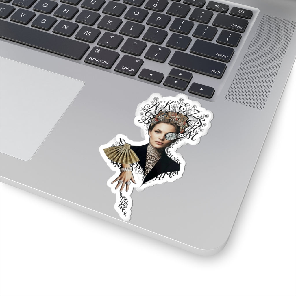 Art Nouveau Portrait Kiss-Cut Sticker — Vintage Hand Fan & Monogram Design