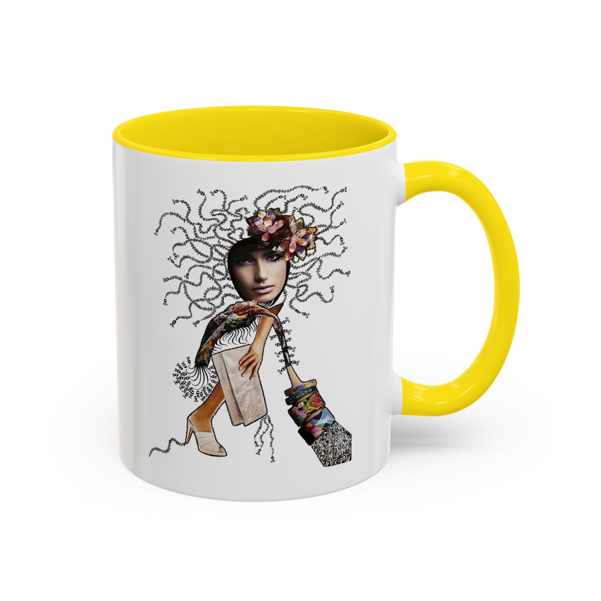 Medusa Face Collage Accent Coffee Mug | Surreal Hair Tendrils, Fashion Elements