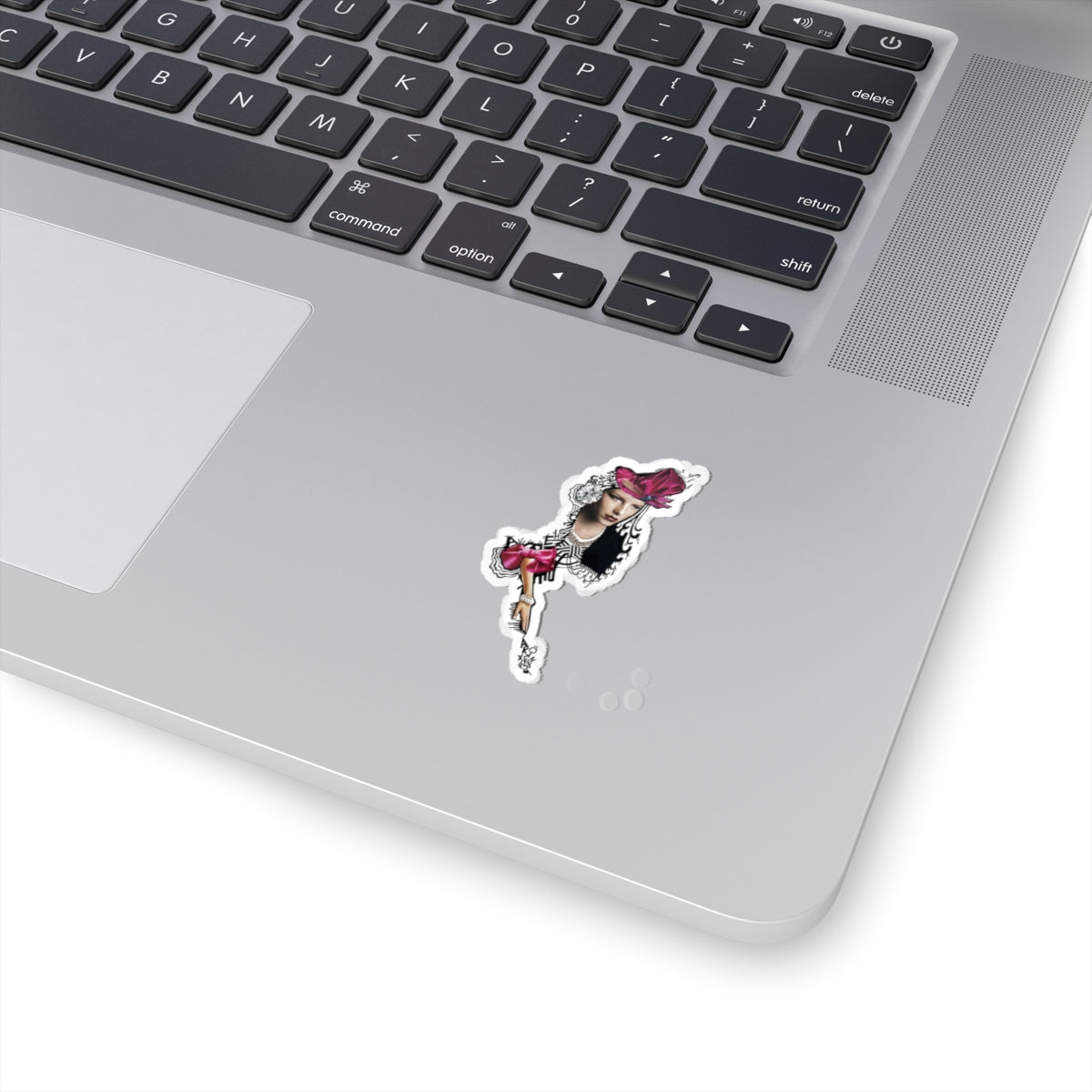 Fashion Girl Kiss-Cut Sticker — Vintage Portrait with Pink Bow Laptop Decal