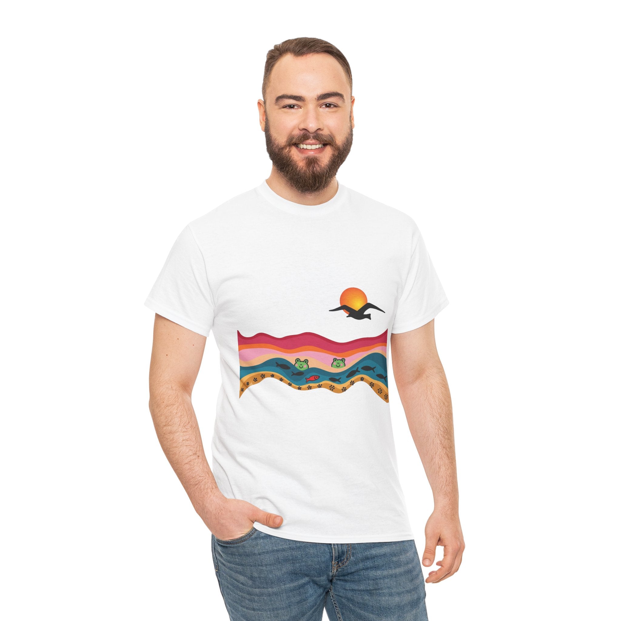 Sunset Desert Waves Tee | Vibrant Southwestern Landscape, Bird Silhouette