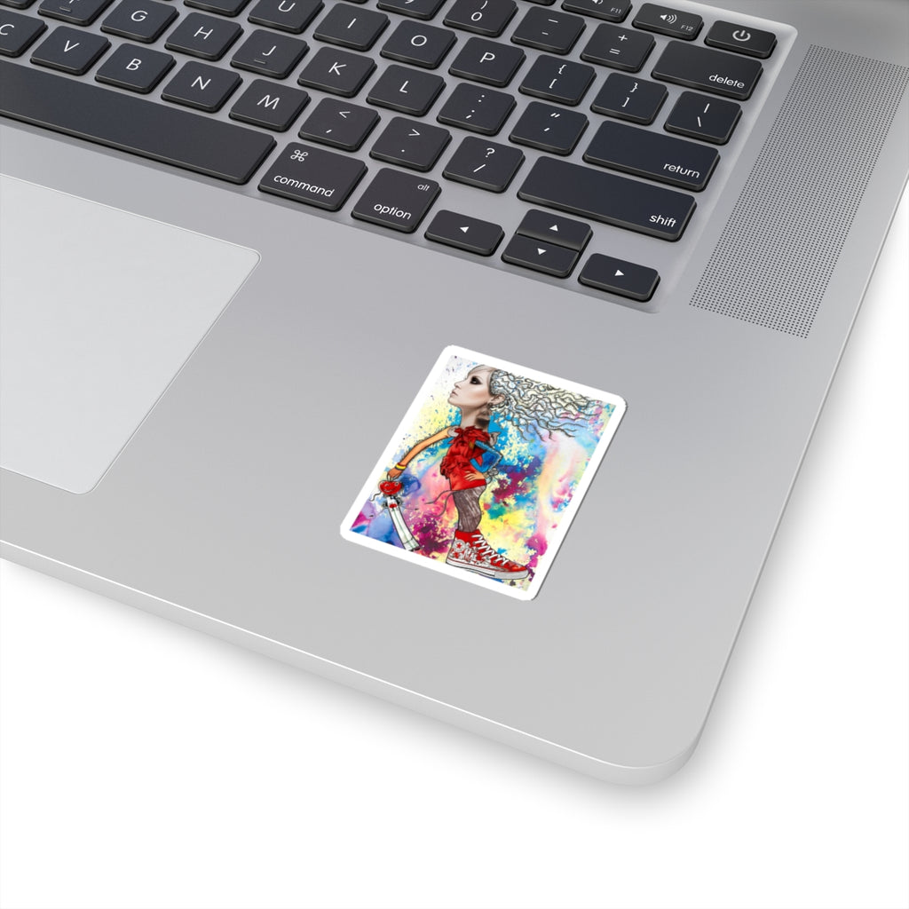 Colorful Street Art Girl Kiss-Cut Sticker — Vibrant Urban Character Art for Laptops & Skateboards