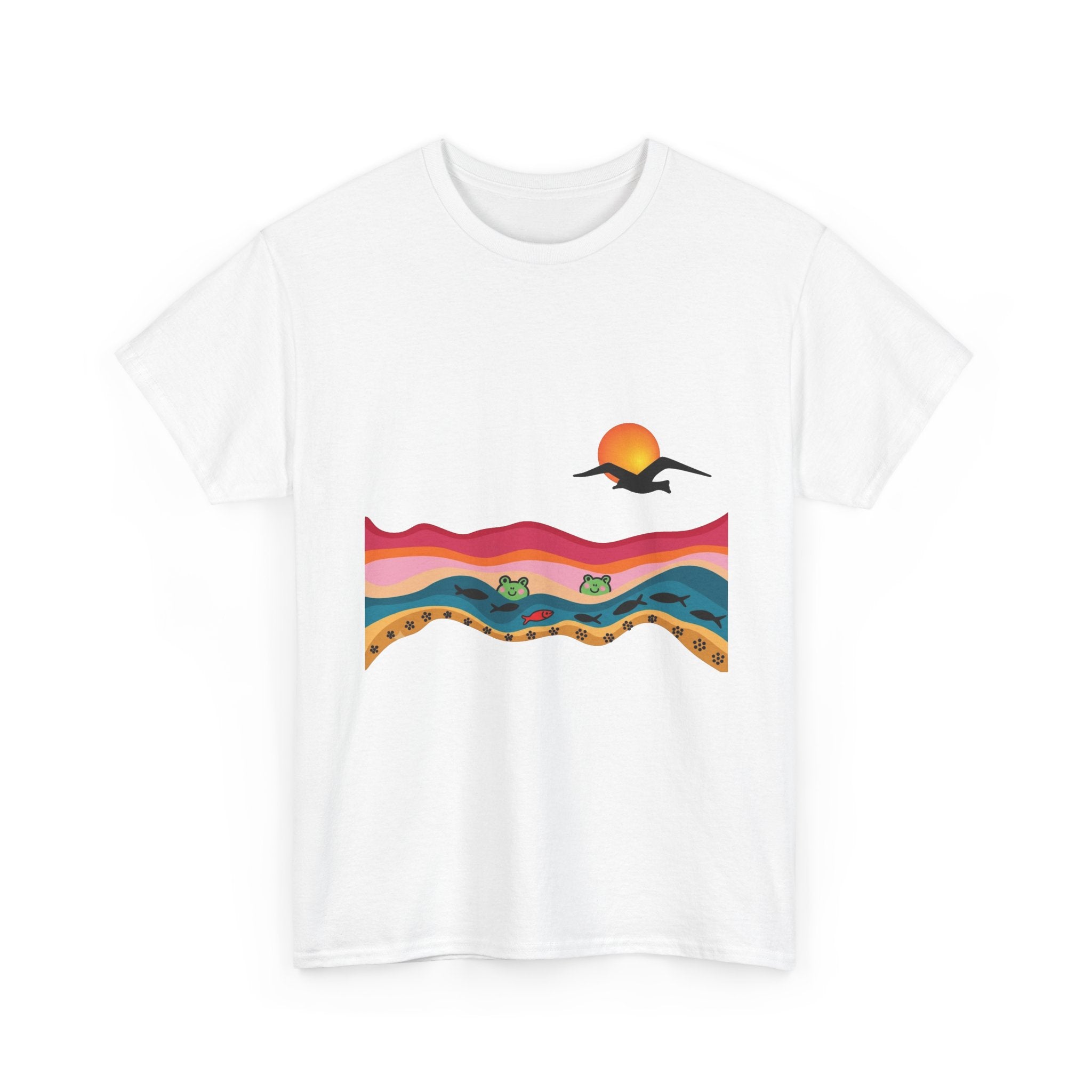 Sunset Desert Waves Tee | Vibrant Southwestern Landscape, Bird Silhouette