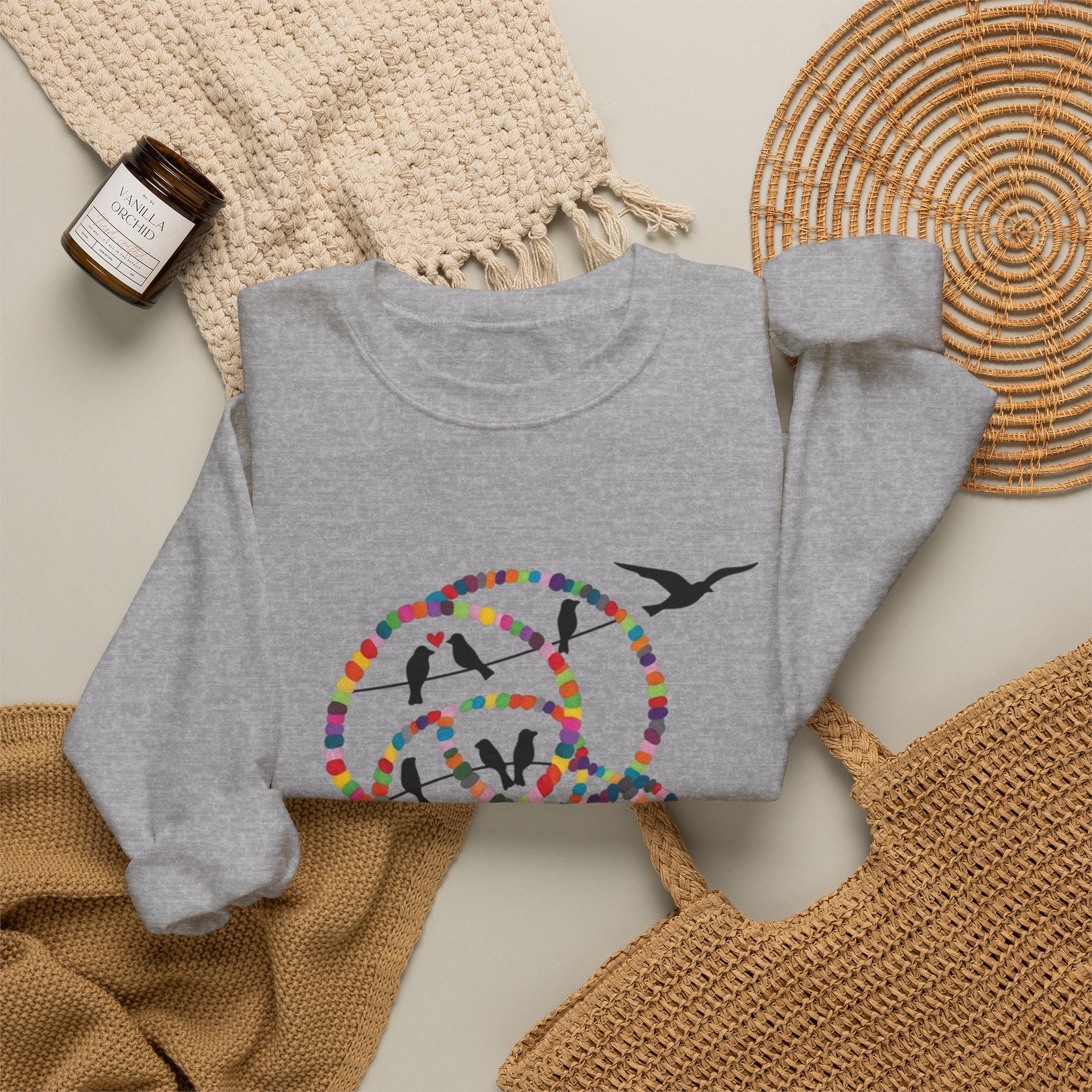 Colorful Hoop Birds sweatshirt | Minimal Circles Bird Silhouette Crewneck