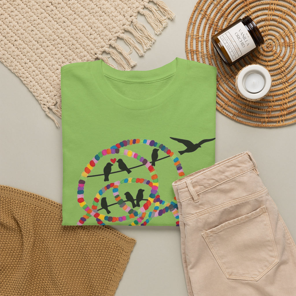 Colorful Tape Swirl with Flying Birds T-Shirt | Abstract Graphic Tee