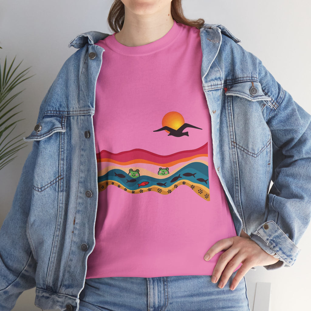 Sunset Desert Waves Tee | Vibrant Southwestern Landscape, Bird Silhouette