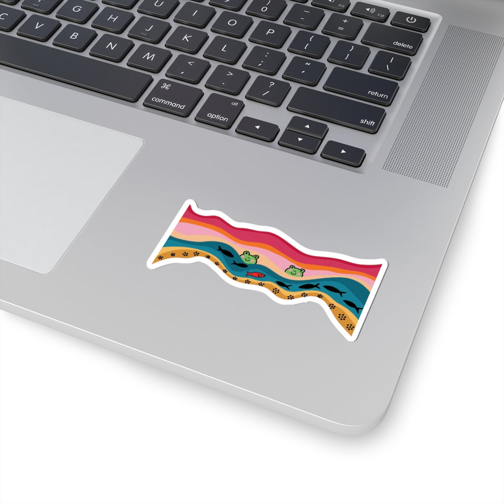 Wavy Frog Pond Kiss-Cut Sticker — Cute Retro Rainbow Frog & Fish Decal