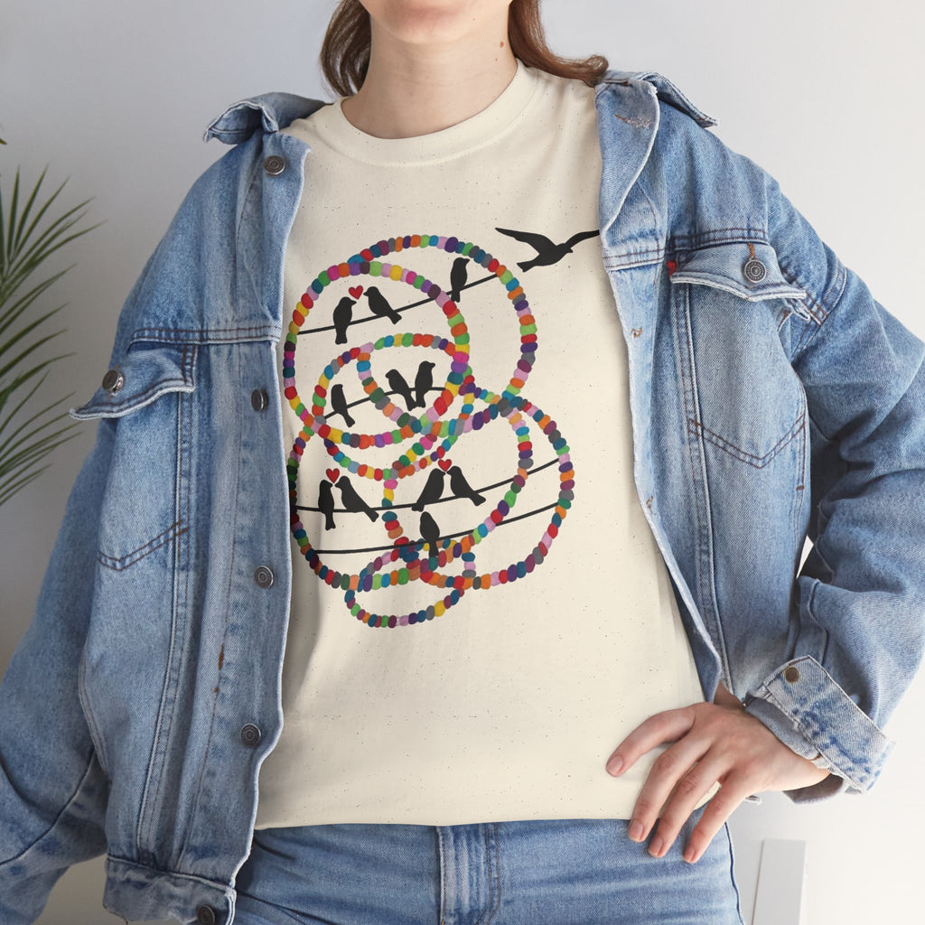 Colorful Tape Swirl with Flying Birds T-Shirt | Abstract Graphic Tee