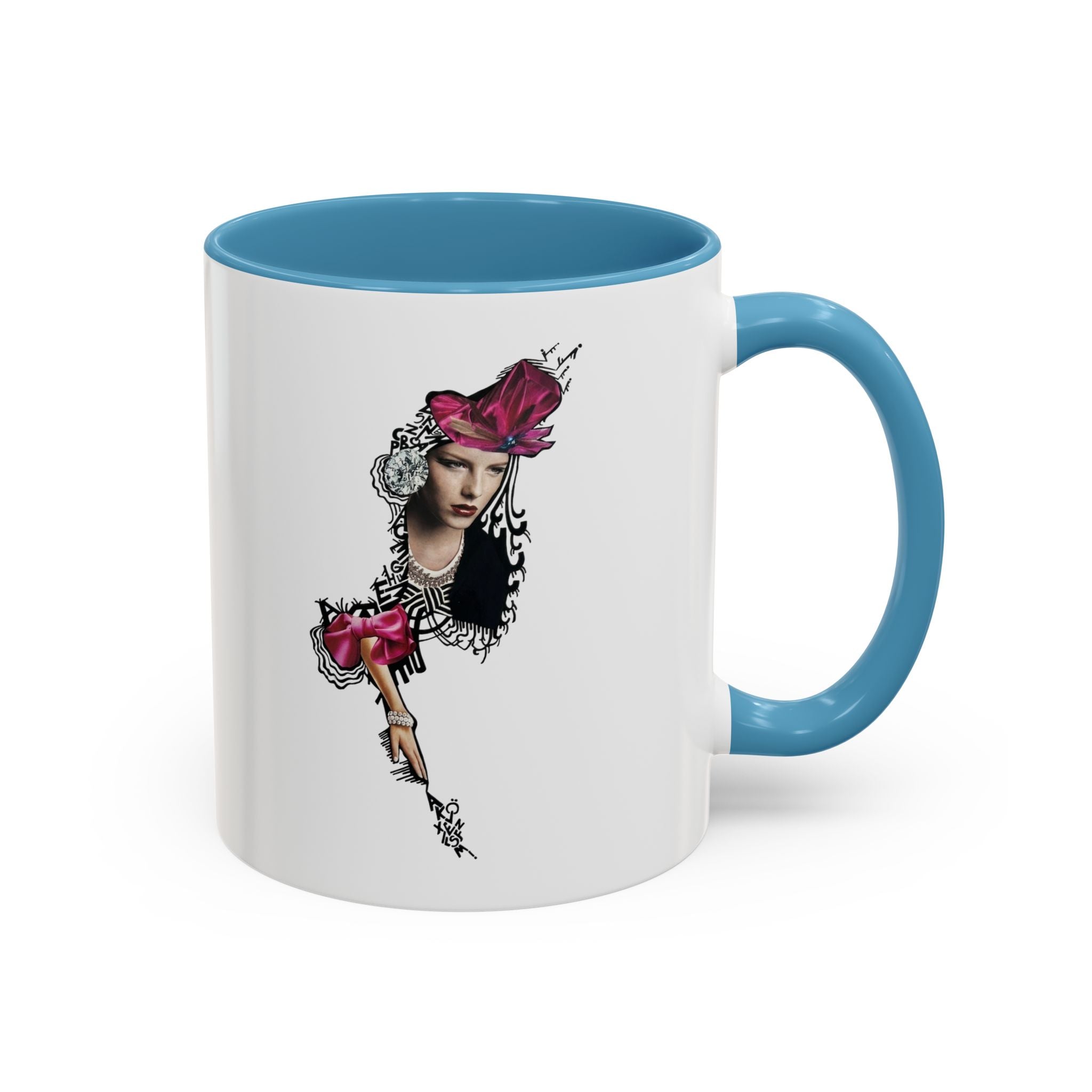 Vintage Femme Portrait Mug | Floral Headpiece, Pink Feathered Hat