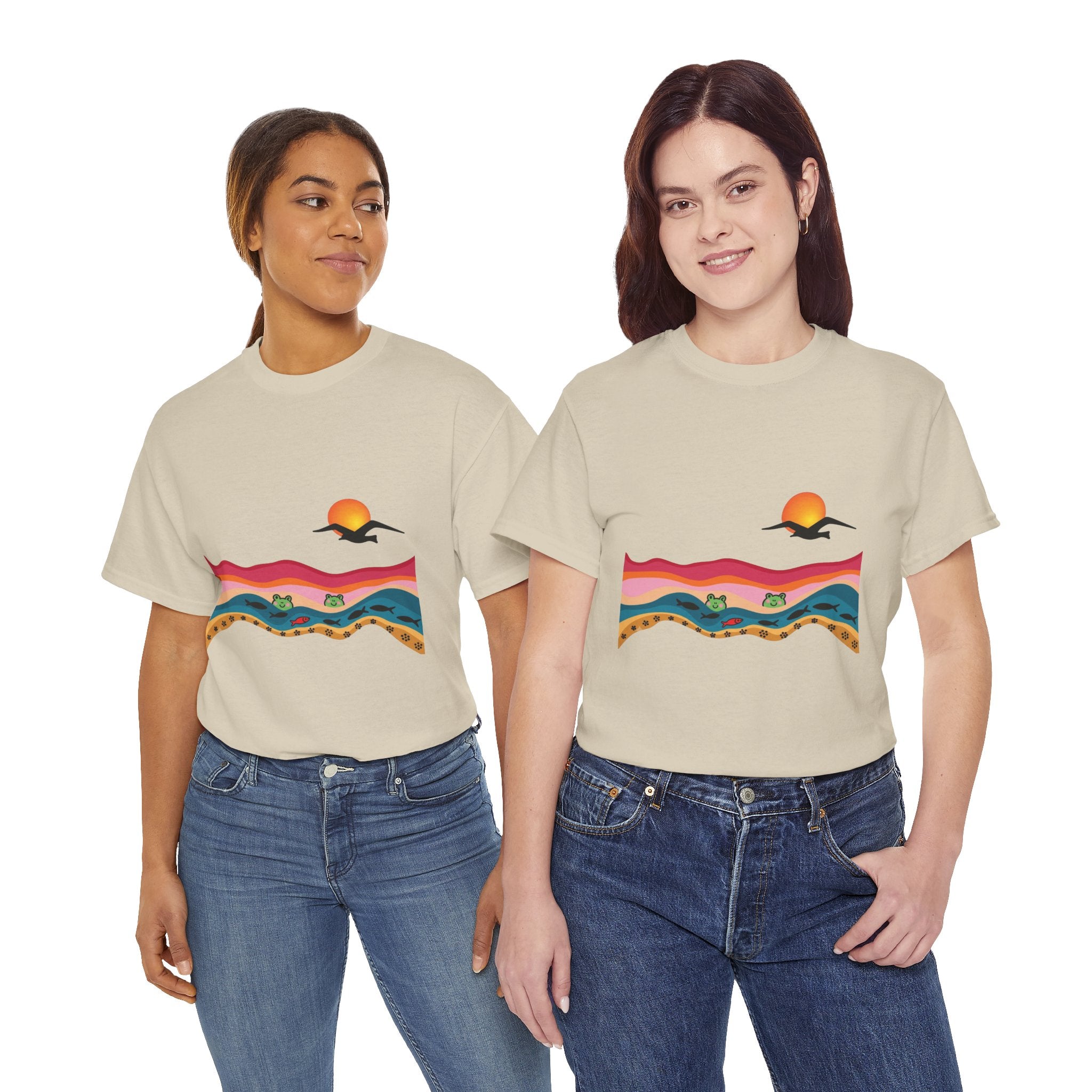 Sunset Desert Waves Tee | Vibrant Southwestern Landscape, Bird Silhouette