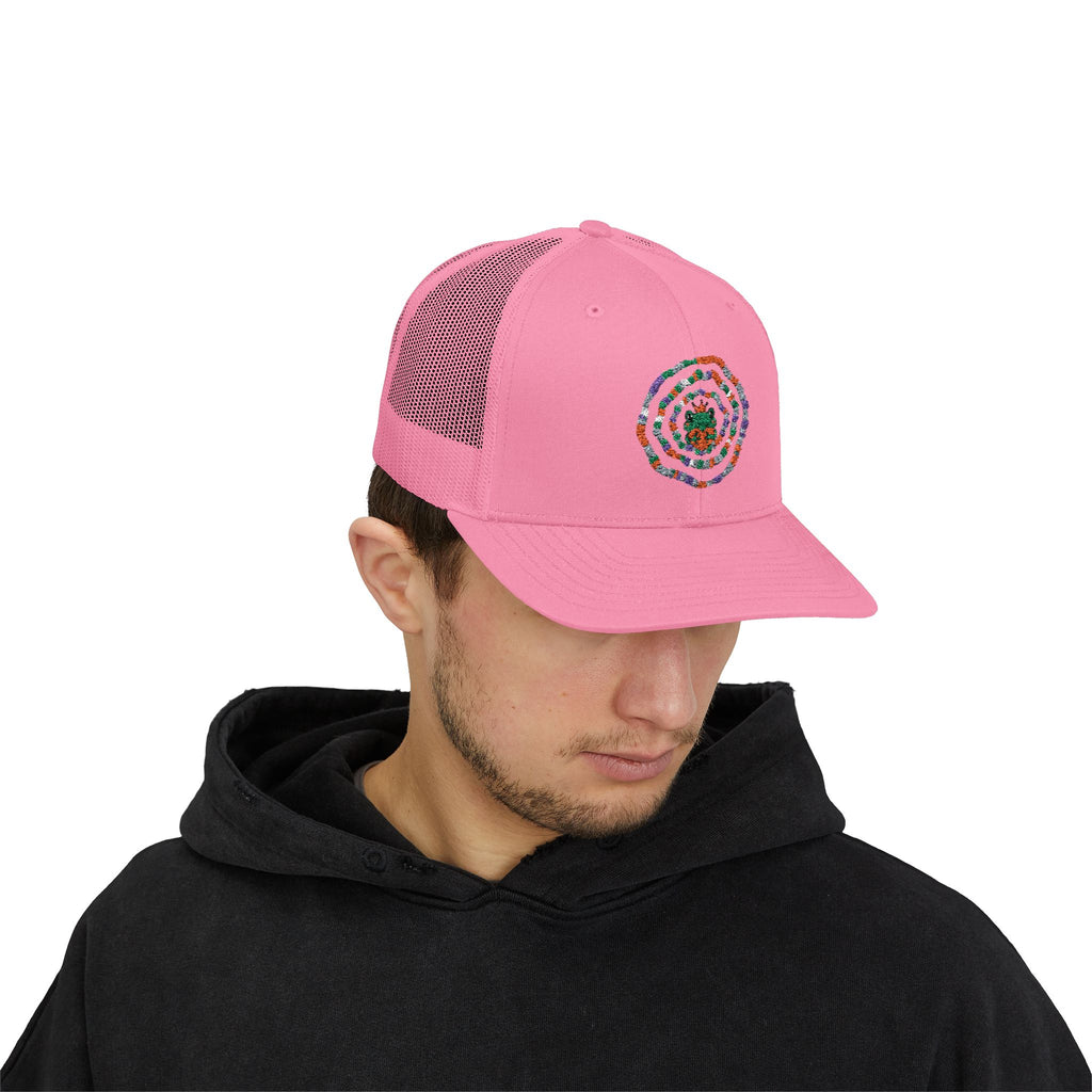 Spiral Mosaic Flower Snapback Trucker Cap | Embroidered Floral Circle