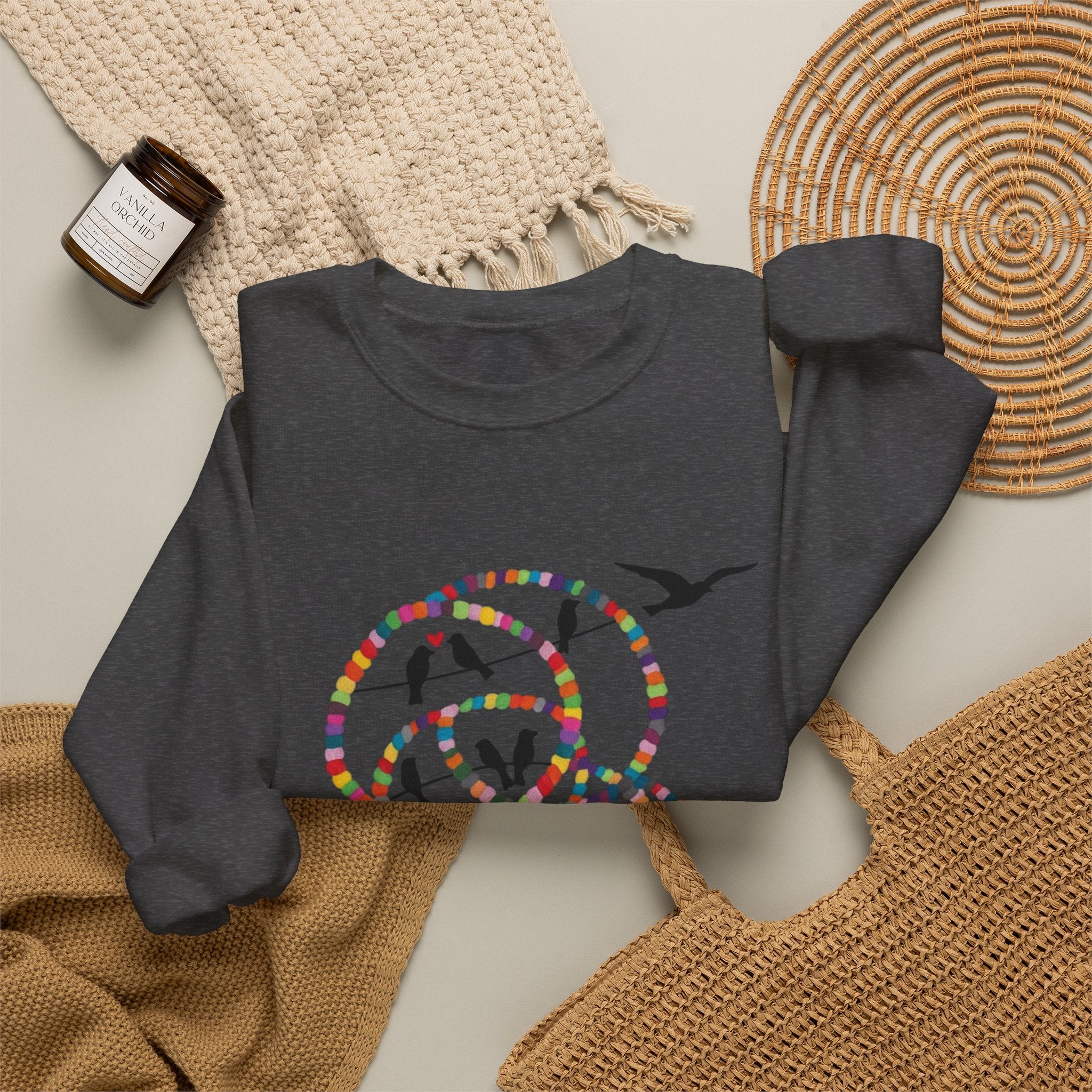 Colorful Hoop Birds sweatshirt | Minimal Circles Bird Silhouette Crewneck