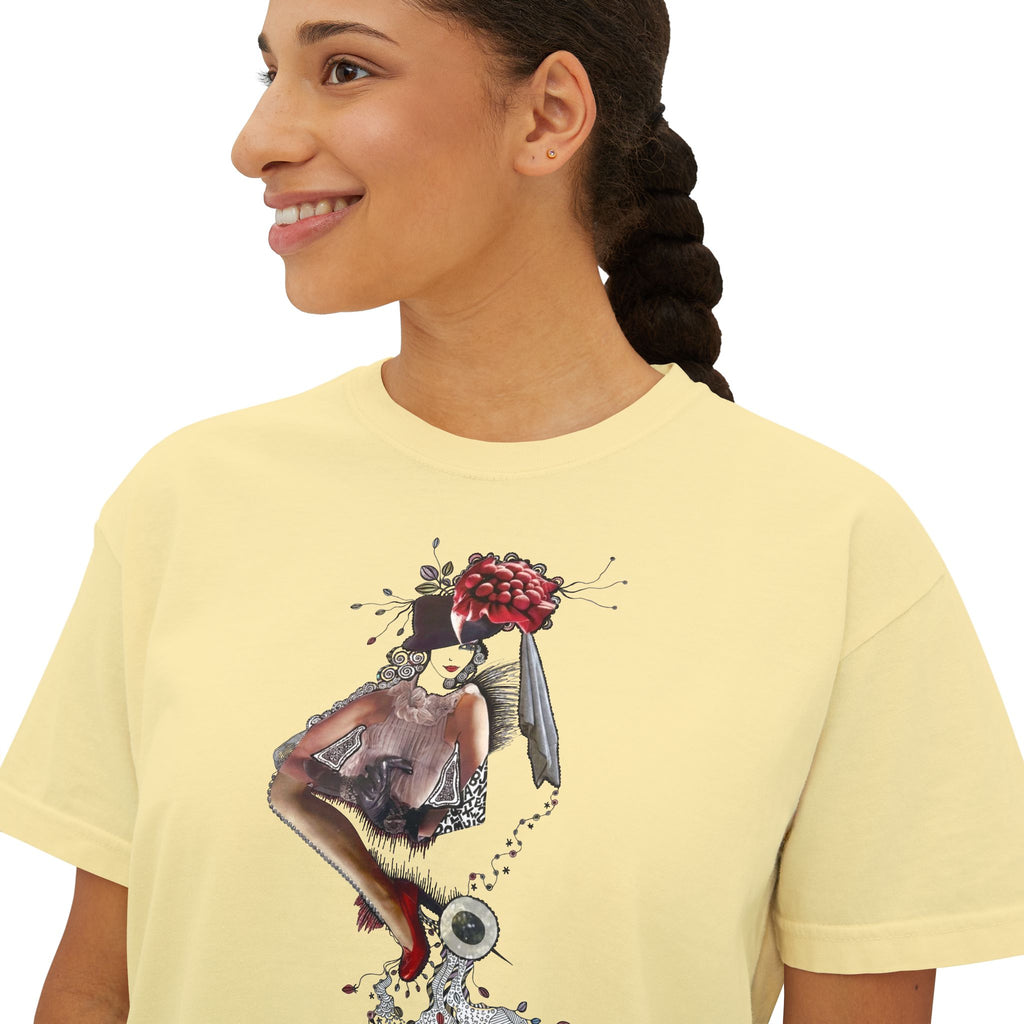 Surreal Floral-Head Figure Boxy Tee | Collage Art, Abstract Portrait