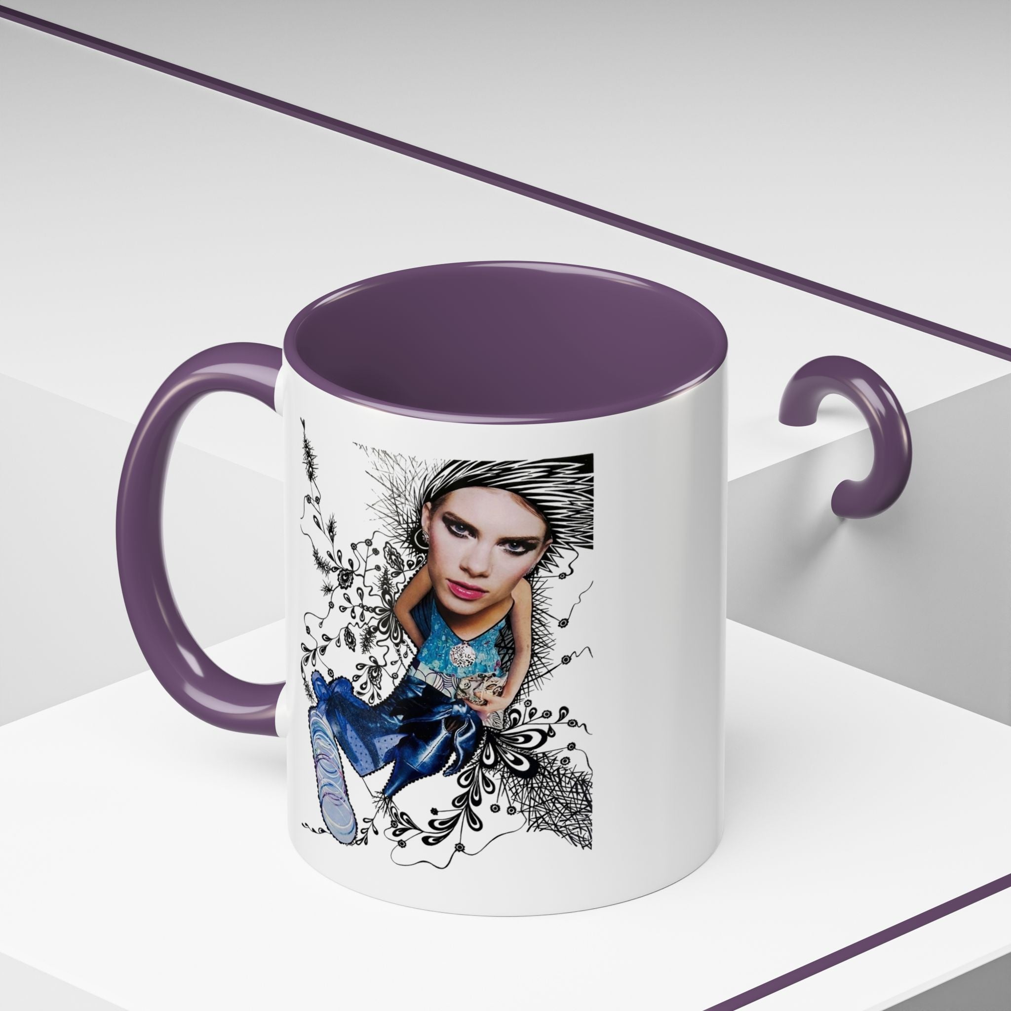 Fashion Illustration Girl Mug | Accent Coffee Mug, Black Handle