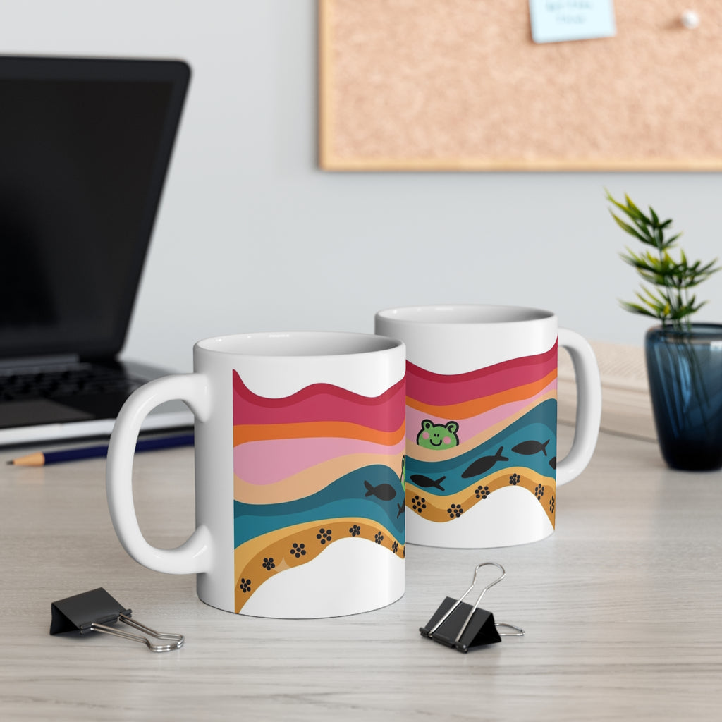 Playful Frog Pond Mug | Colorful Waves, Fish and Paw Print Border