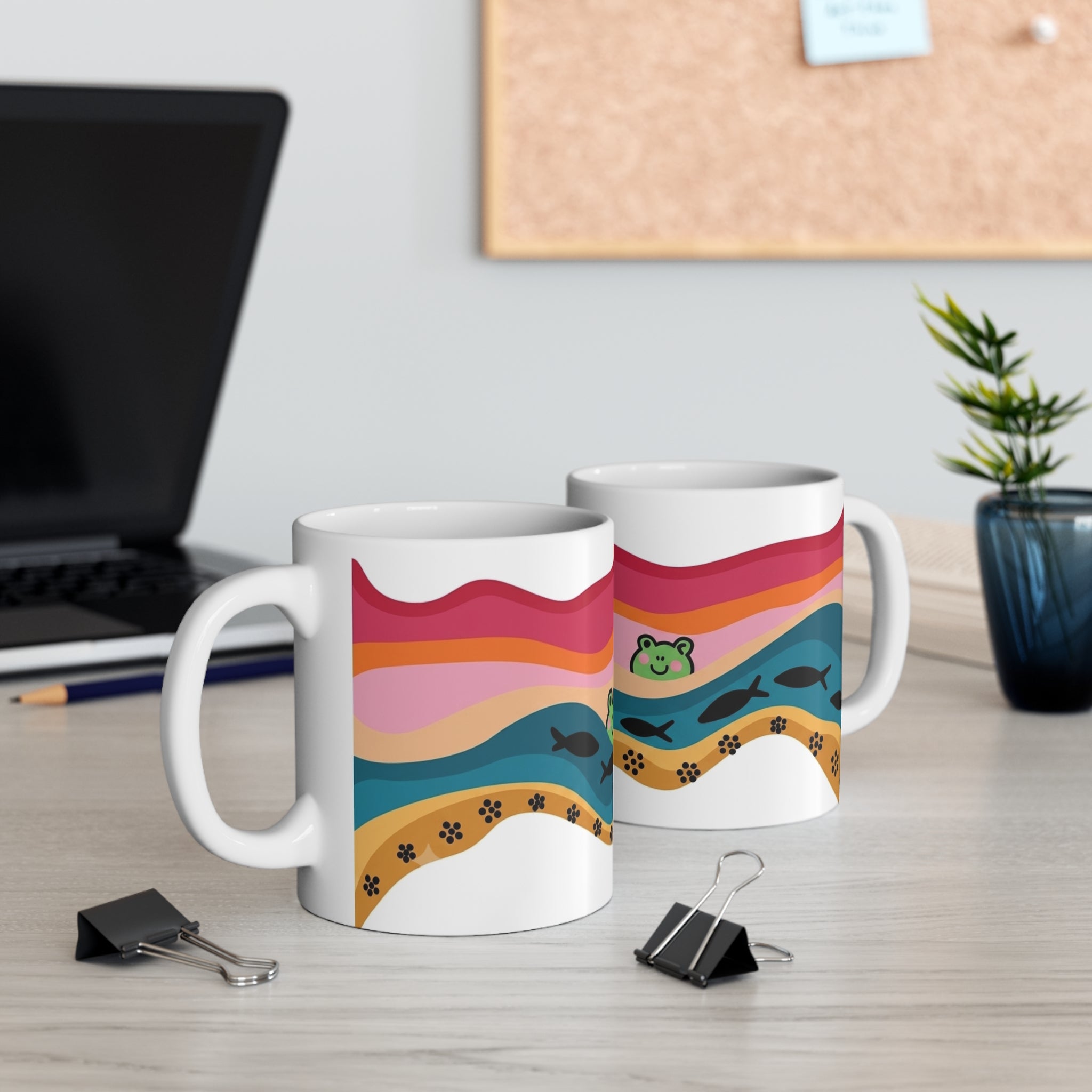 Playful Frog Pond Mug | Colorful Waves, Fish and Paw Print Border