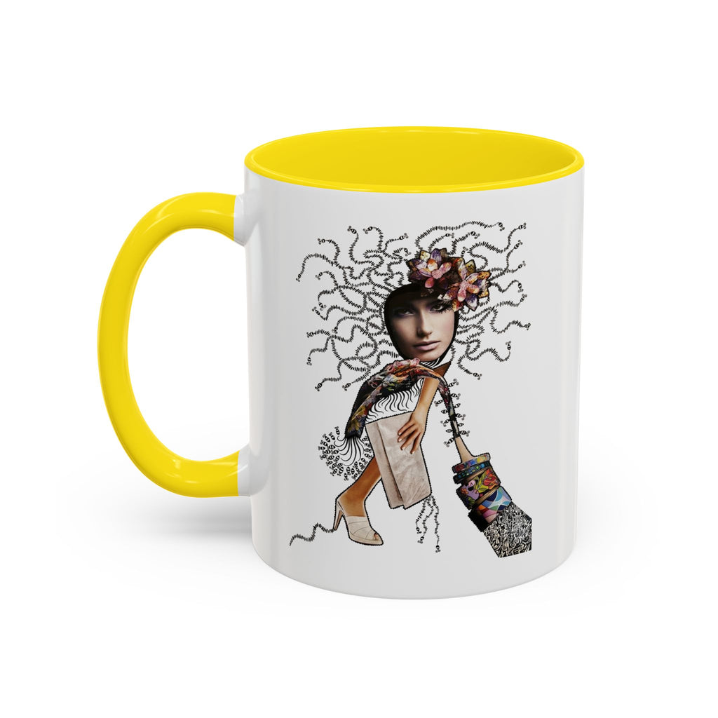 Medusa Face Collage Accent Coffee Mug | Surreal Hair Tendrils, Fashion Elements
