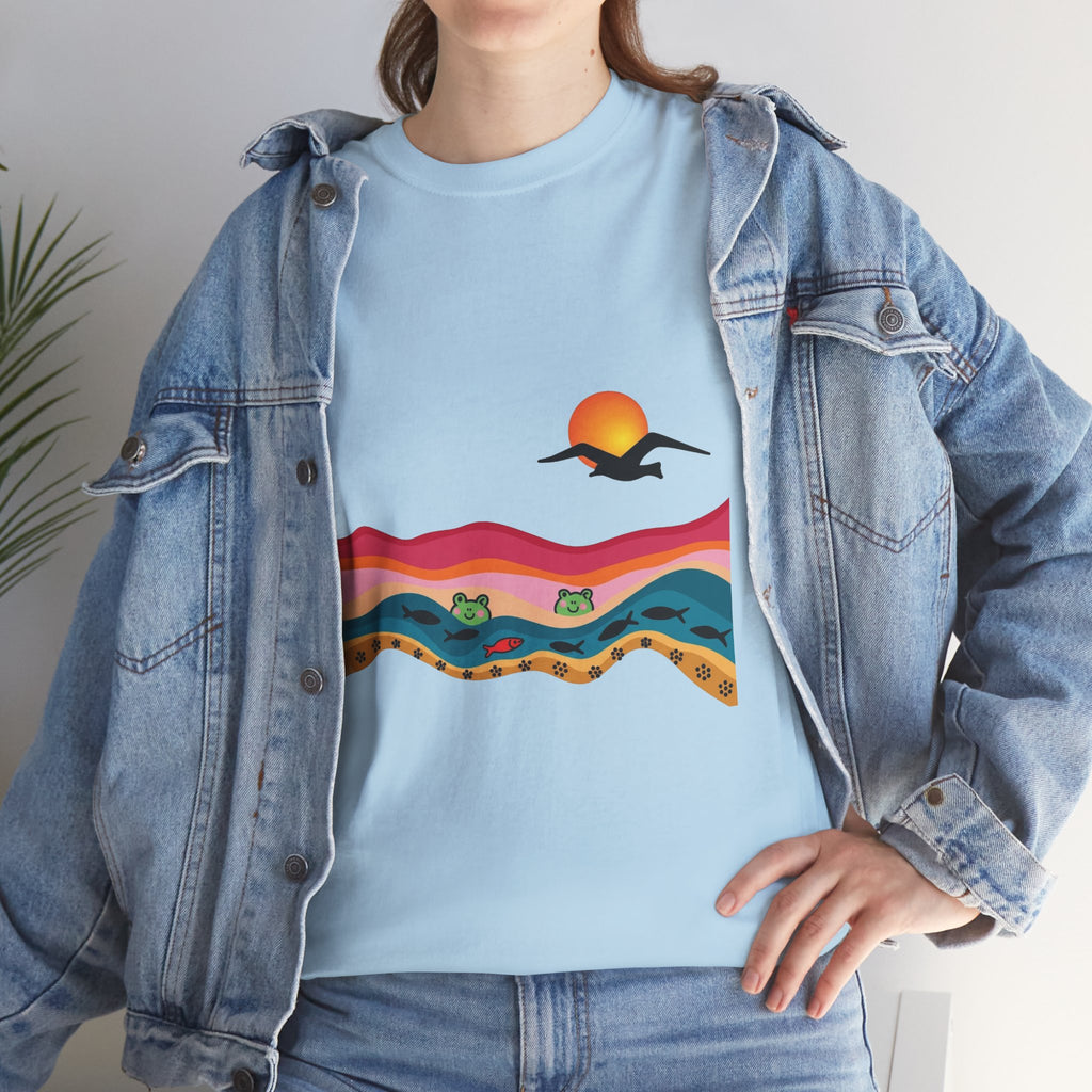 Sunset Desert Waves Tee | Vibrant Southwestern Landscape, Bird Silhouette