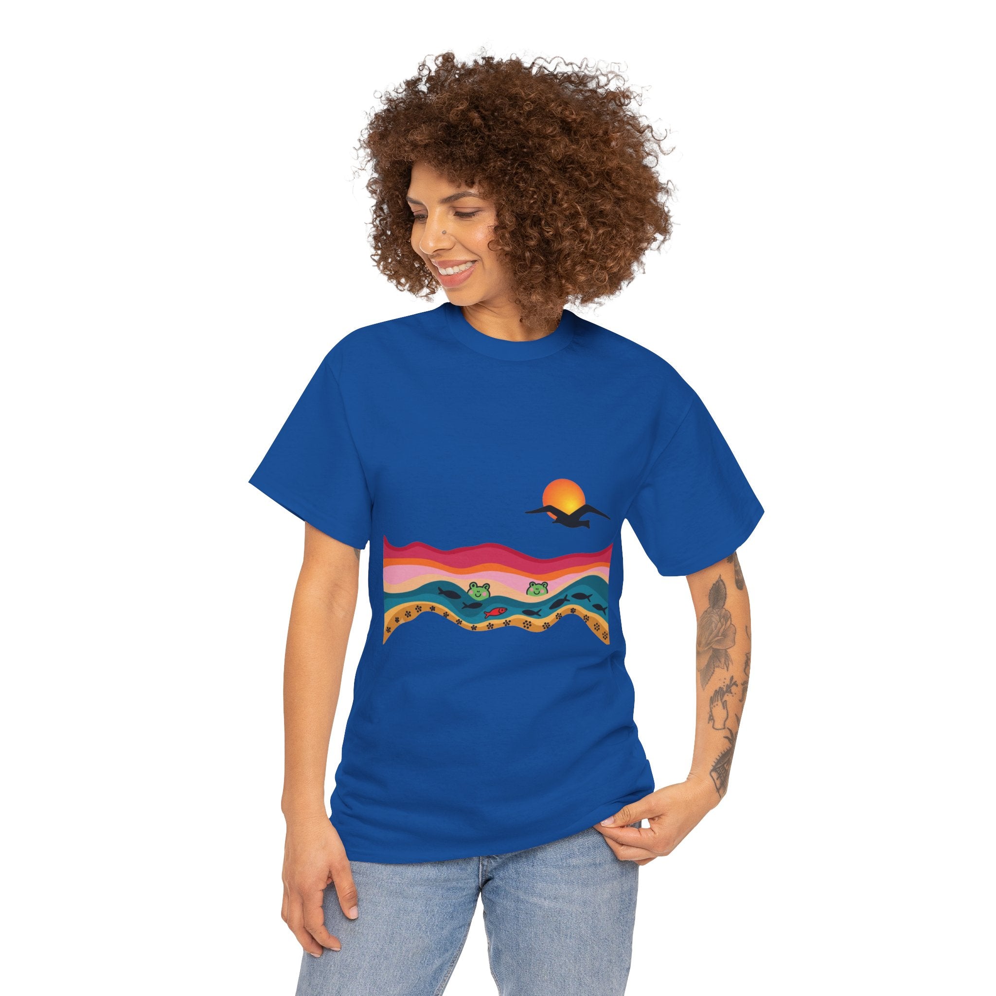 Sunset Desert Waves Tee | Vibrant Southwestern Landscape, Bird Silhouette