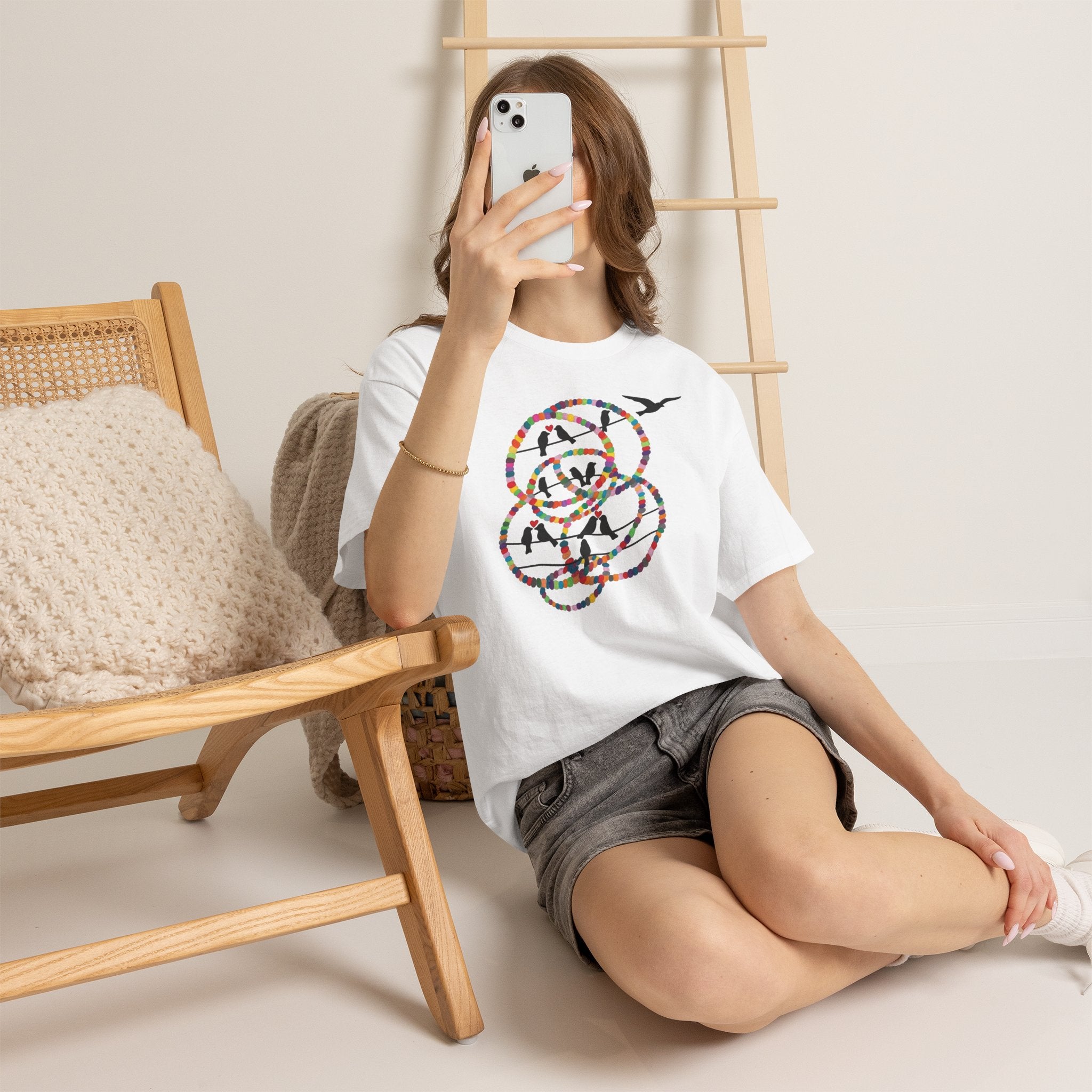 Colorful Tape Swirl with Flying Birds T-Shirt | Abstract Graphic Tee