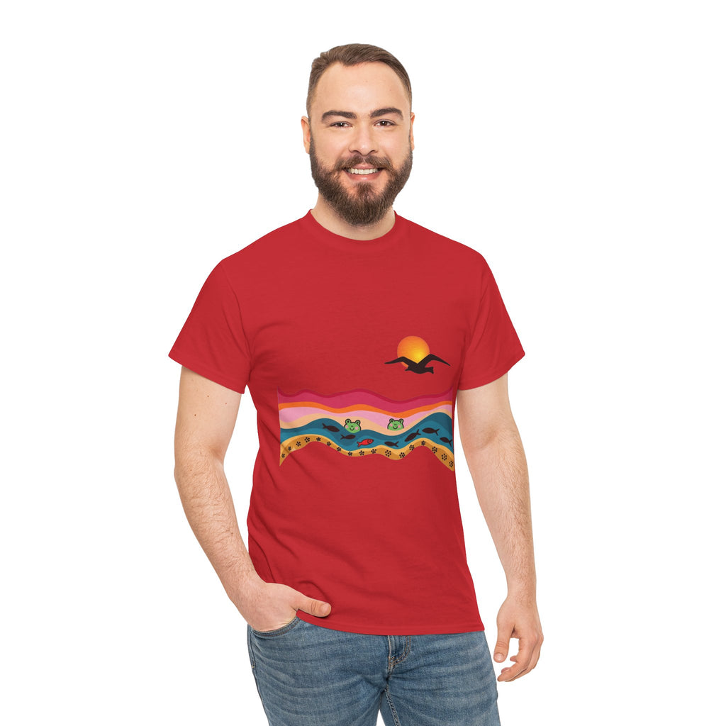 Sunset Desert Waves Tee | Vibrant Southwestern Landscape, Bird Silhouette