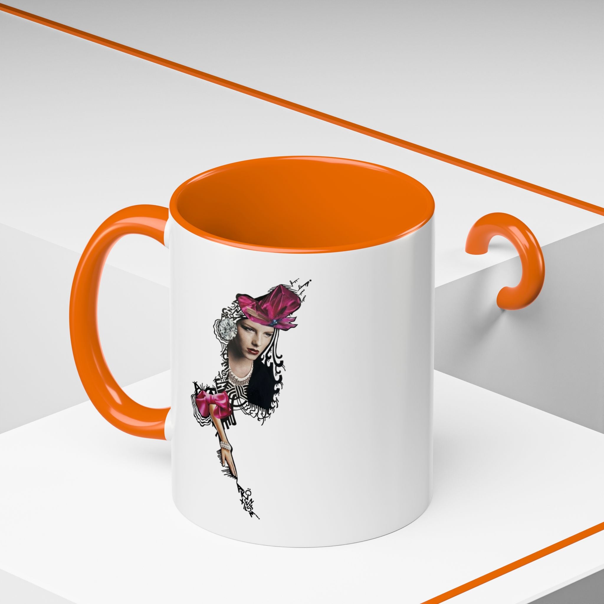 Vintage Femme Portrait Mug | Floral Headpiece, Pink Feathered Hat