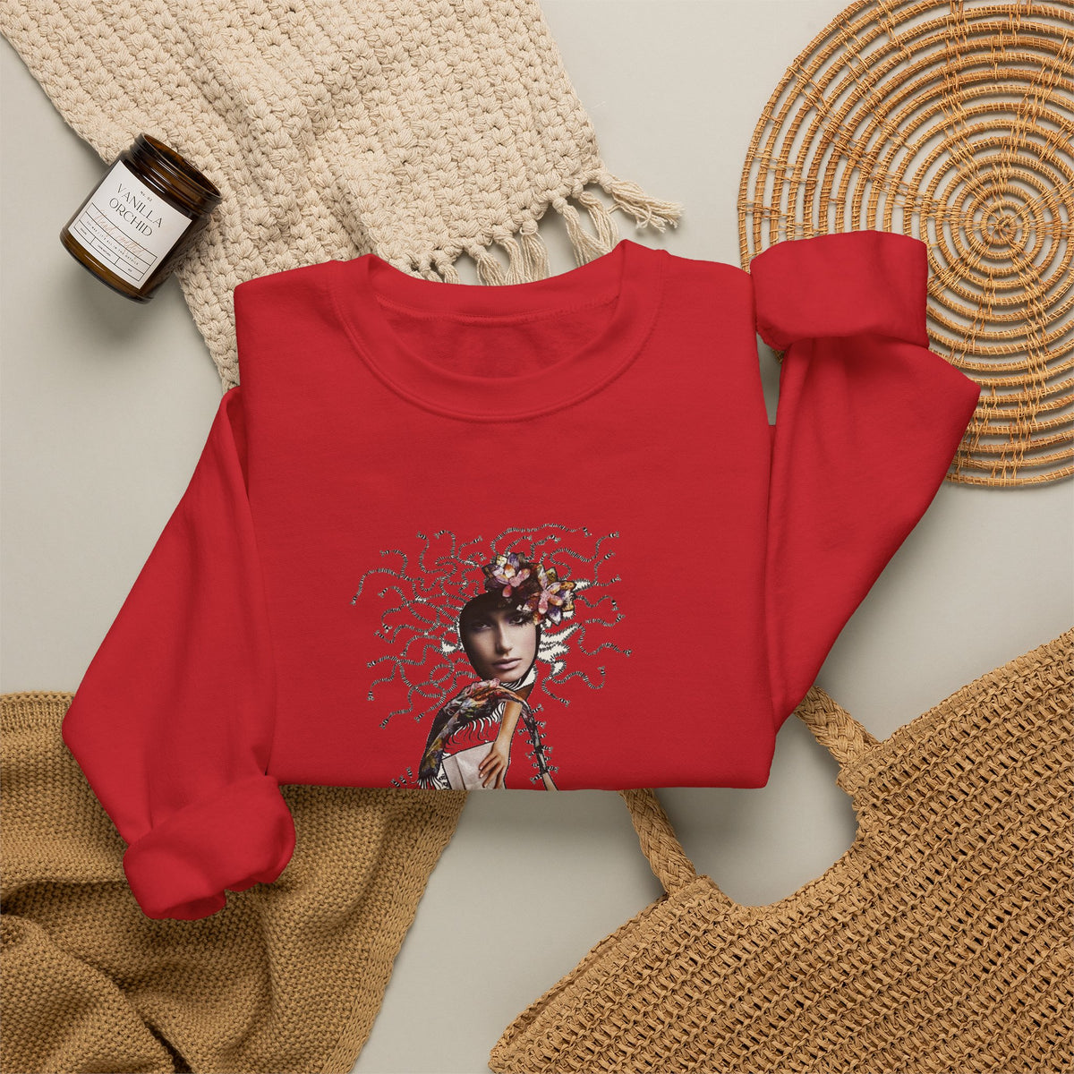 Medusa Goddess Crewneck Sweatshirt — Mythic Floral Medusa Design