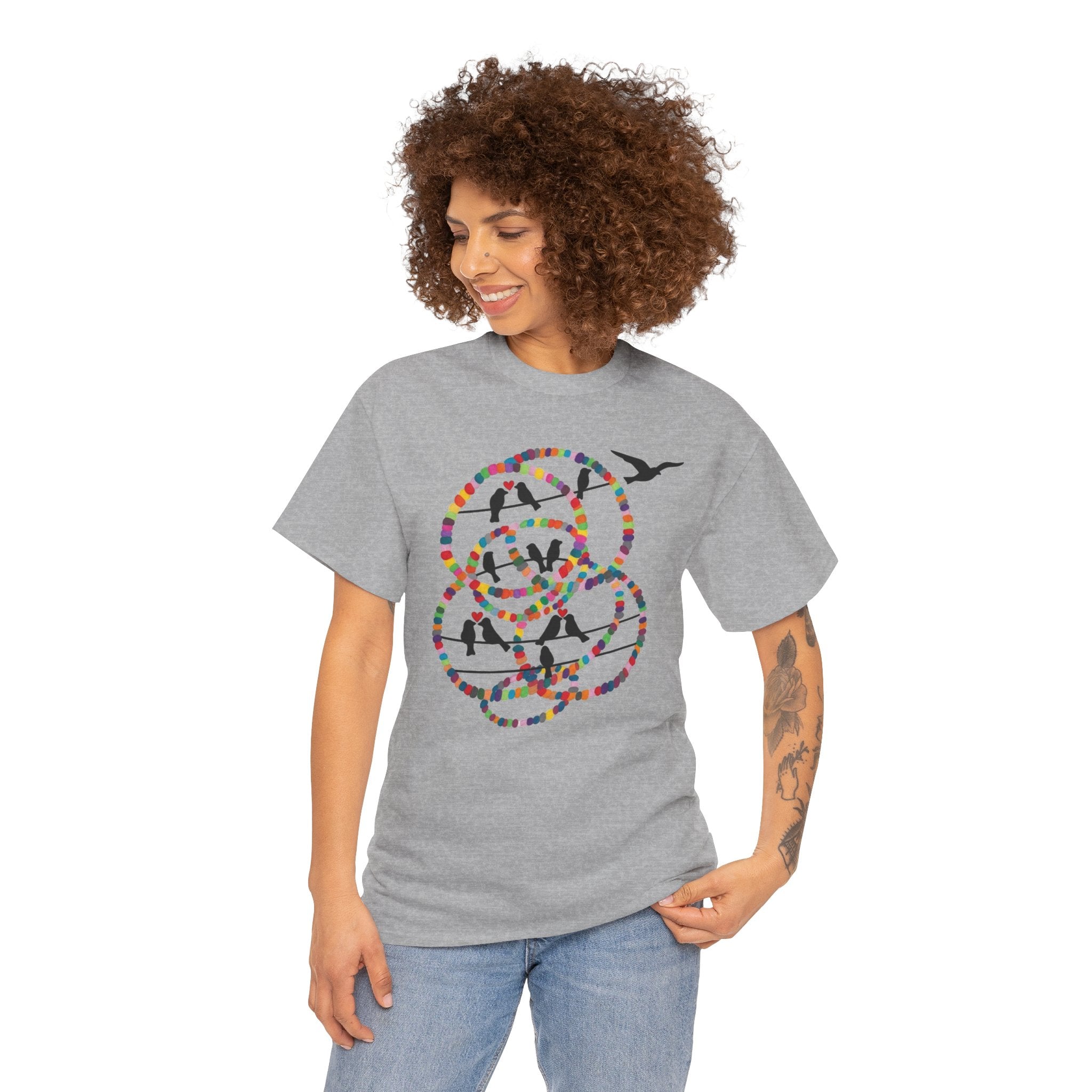 Colorful Tape Swirl with Flying Birds T-Shirt | Abstract Graphic Tee