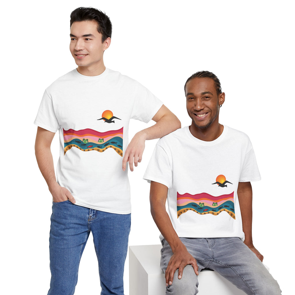 Sunset Desert Waves Tee | Vibrant Southwestern Landscape, Bird Silhouette