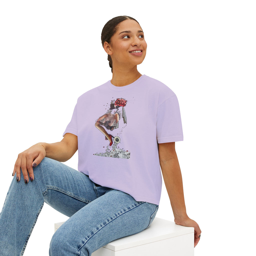 Surreal Floral-Head Figure Boxy Tee | Collage Art, Abstract Portrait
