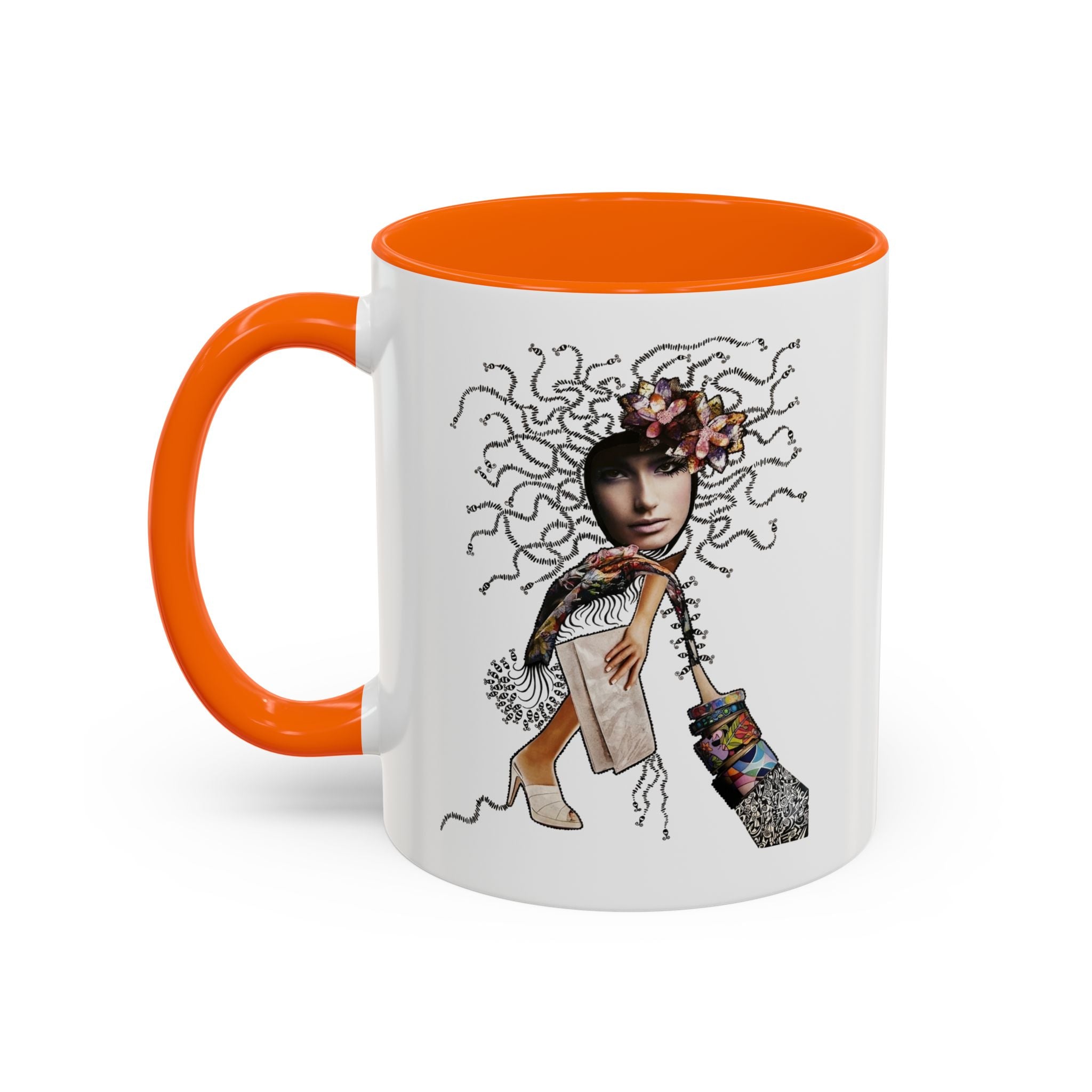 Medusa Face Collage Accent Coffee Mug | Surreal Hair Tendrils, Fashion Elements
