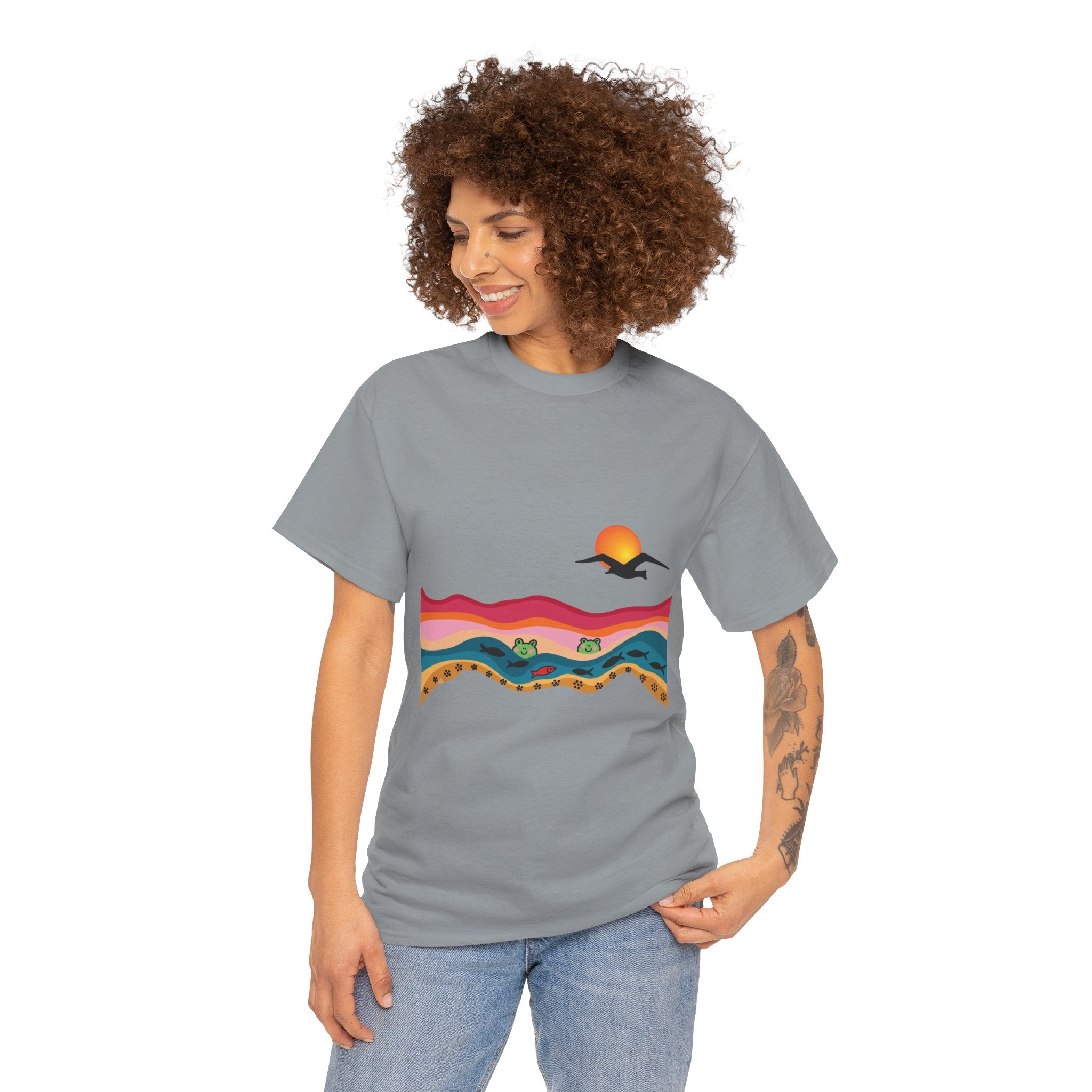 Sunset Desert Waves Tee | Vibrant Southwestern Landscape, Bird Silhouette