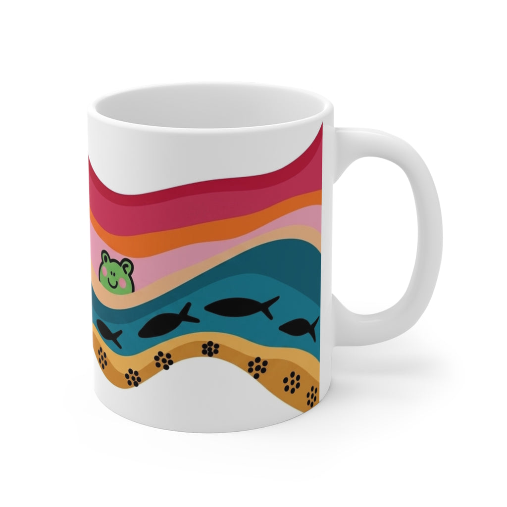 Playful Frog Pond Mug | Colorful Waves, Fish and Paw Print Border