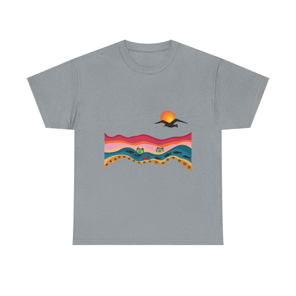 Sunset Desert Waves Tee | Vibrant Southwestern Landscape, Bird Silhouette