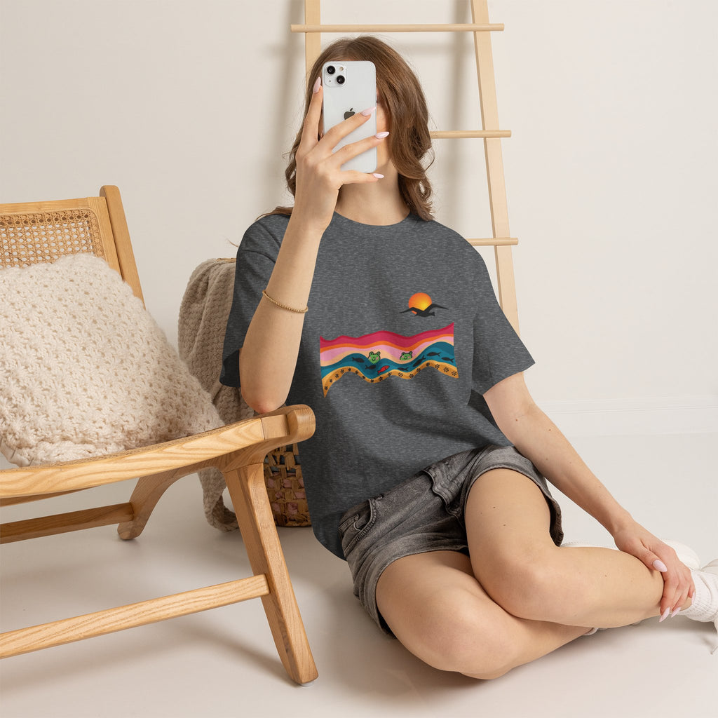 Sunset Desert Waves Tee | Vibrant Southwestern Landscape, Bird Silhouette