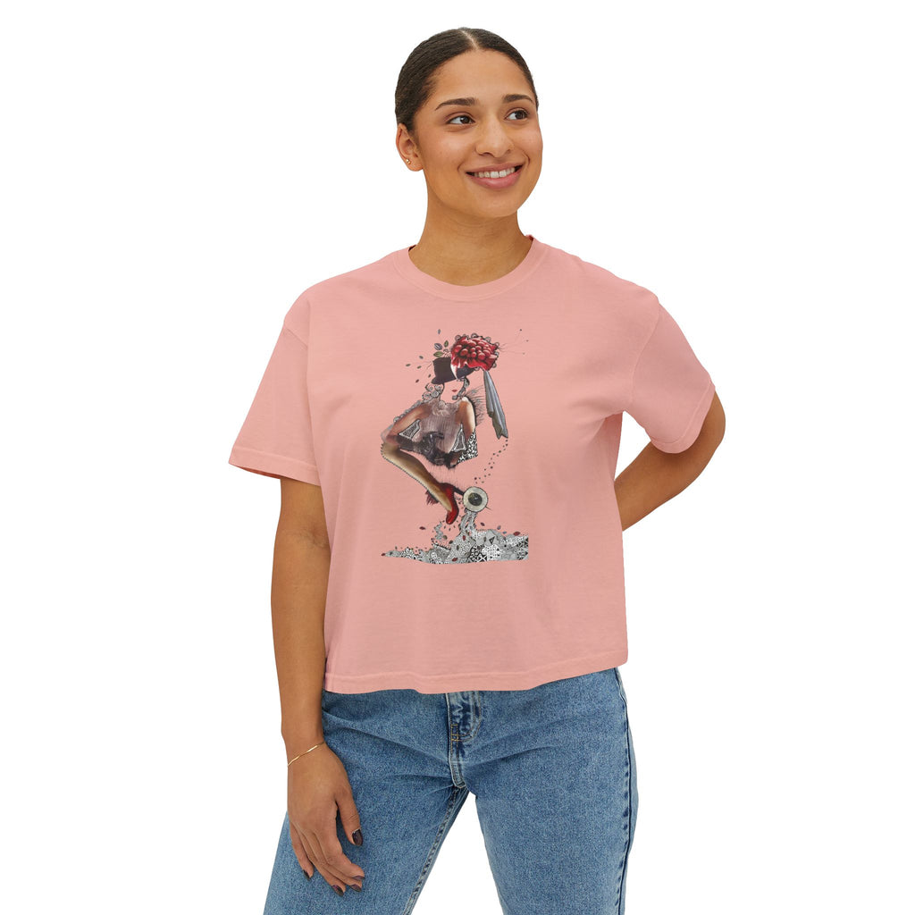 Surreal Floral-Head Figure Boxy Tee | Collage Art, Abstract Portrait