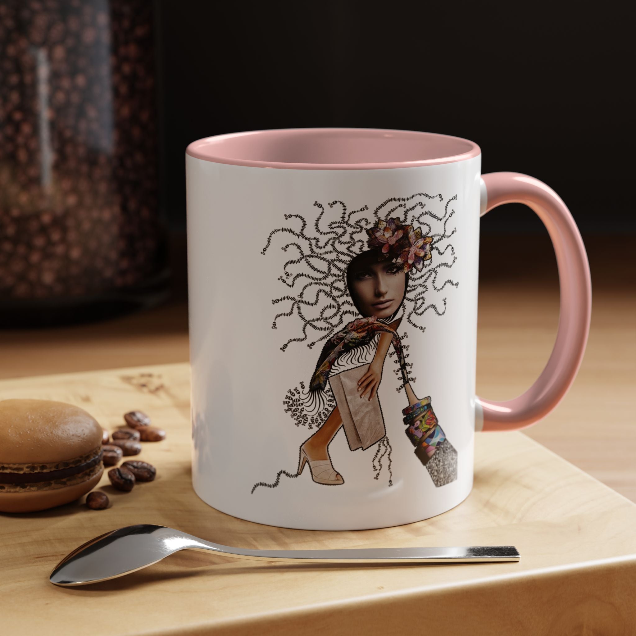 Medusa Face Collage Accent Coffee Mug | Surreal Hair Tendrils, Fashion Elements