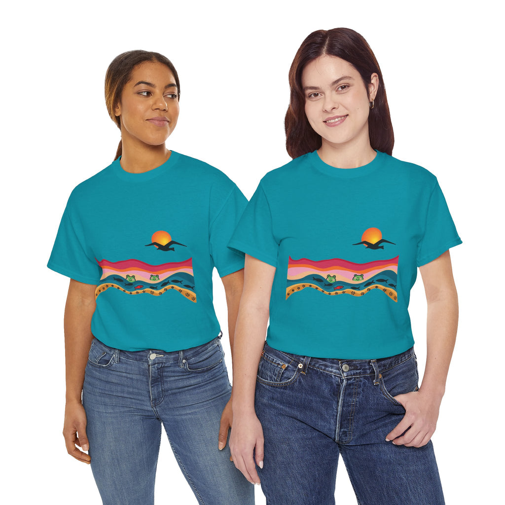 Sunset Desert Waves Tee | Vibrant Southwestern Landscape, Bird Silhouette