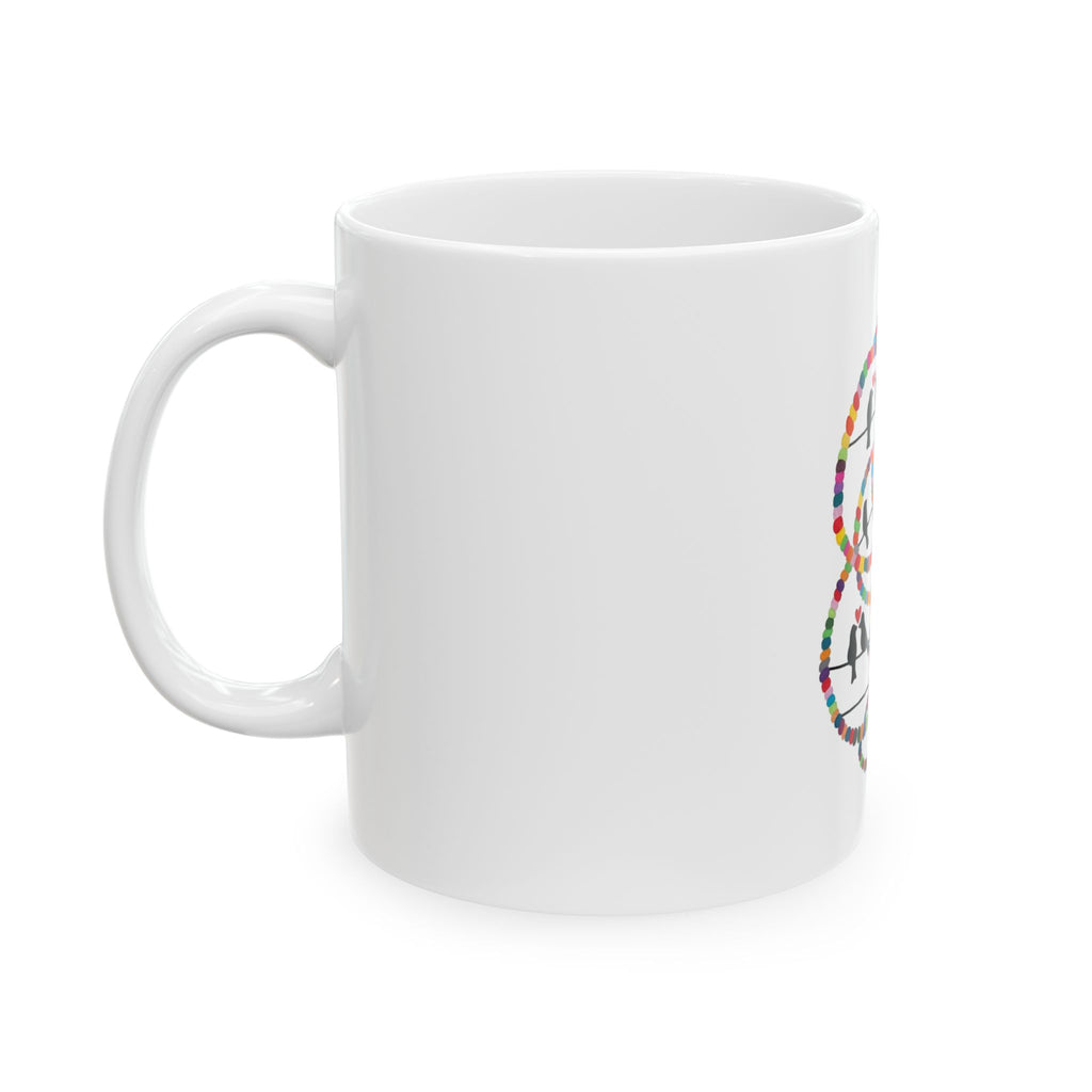 Colorful Bird Silhouette Ceramic Mug – Birds on Rainbow Wire (11oz/15oz)