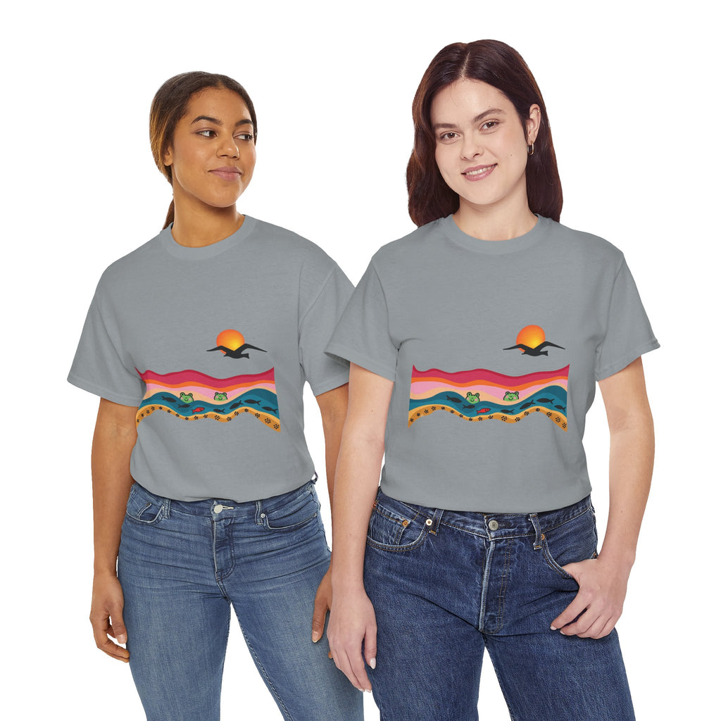 Sunset Desert Waves Tee | Vibrant Southwestern Landscape, Bird Silhouette