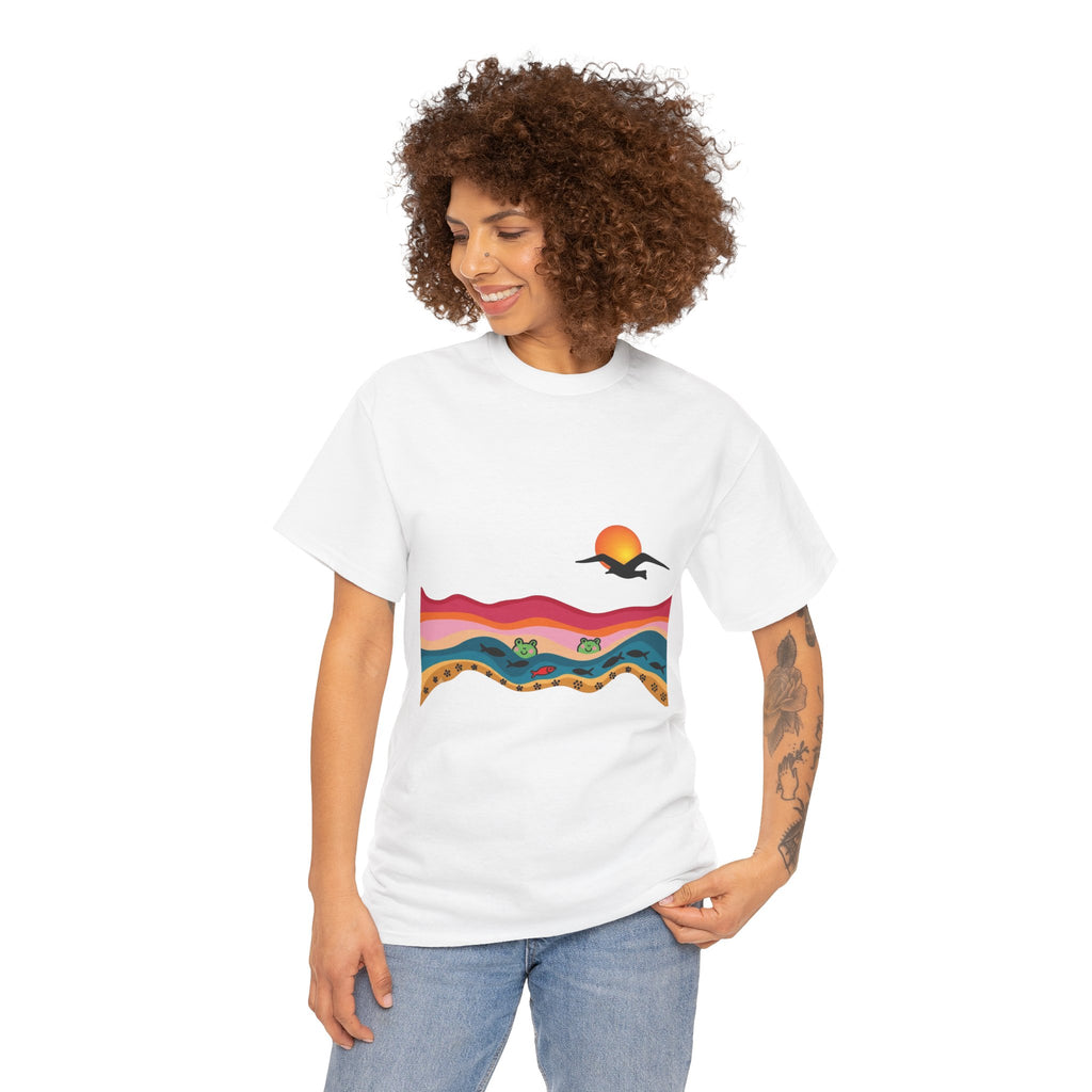 Sunset Desert Waves Tee | Vibrant Southwestern Landscape, Bird Silhouette