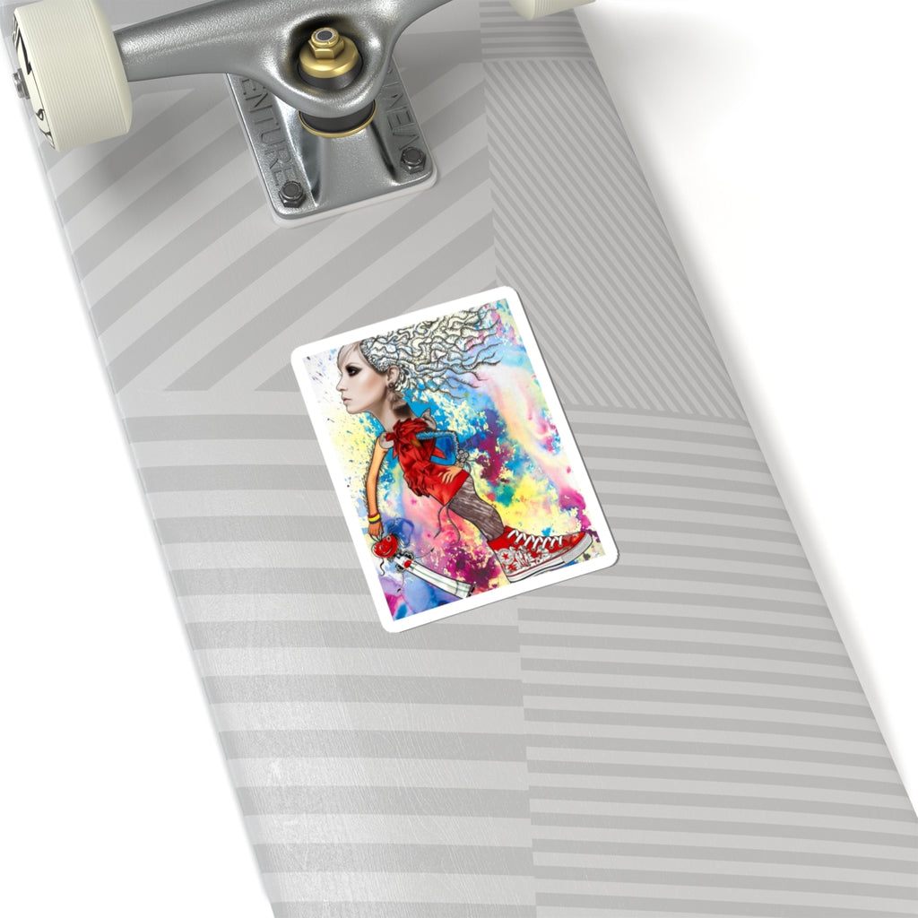 Colorful Street Art Girl Kiss-Cut Sticker — Vibrant Urban Character Art for Laptops & Skateboards