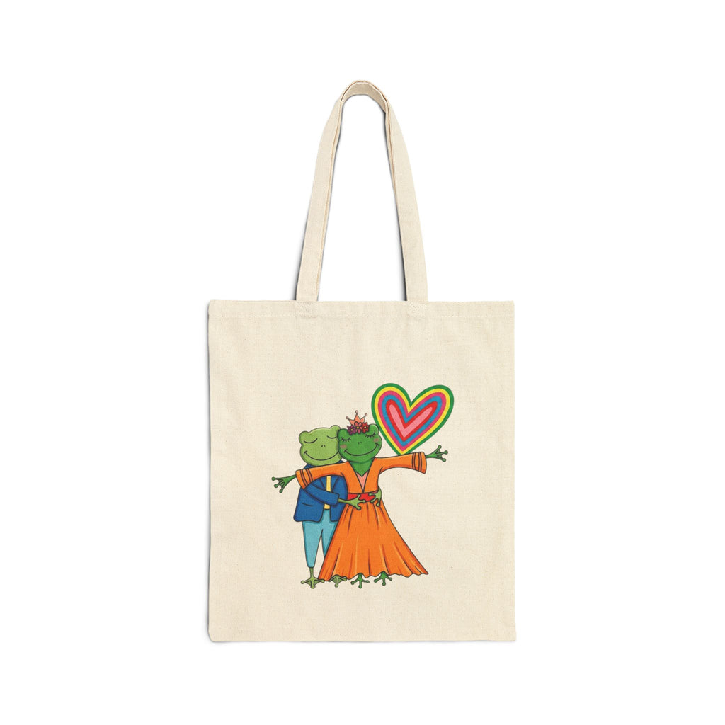 Canvas Tote Bag — Cute Frog Couple with Rainbow Heart Illustration