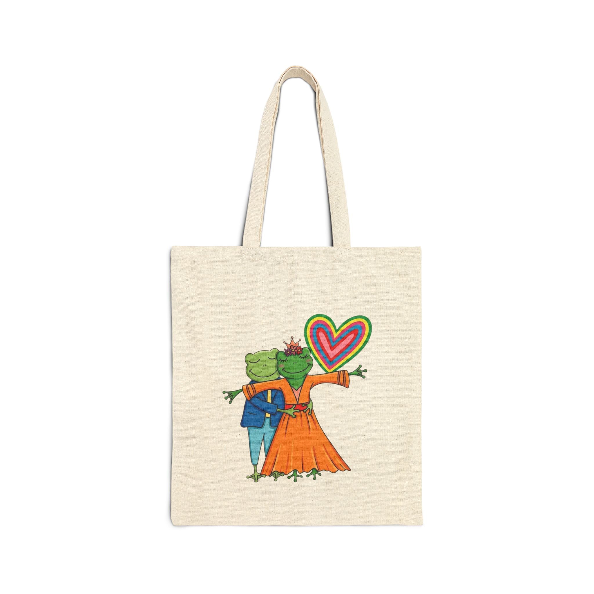 Canvas Tote Bag — Cute Frog Couple with Rainbow Heart Illustration