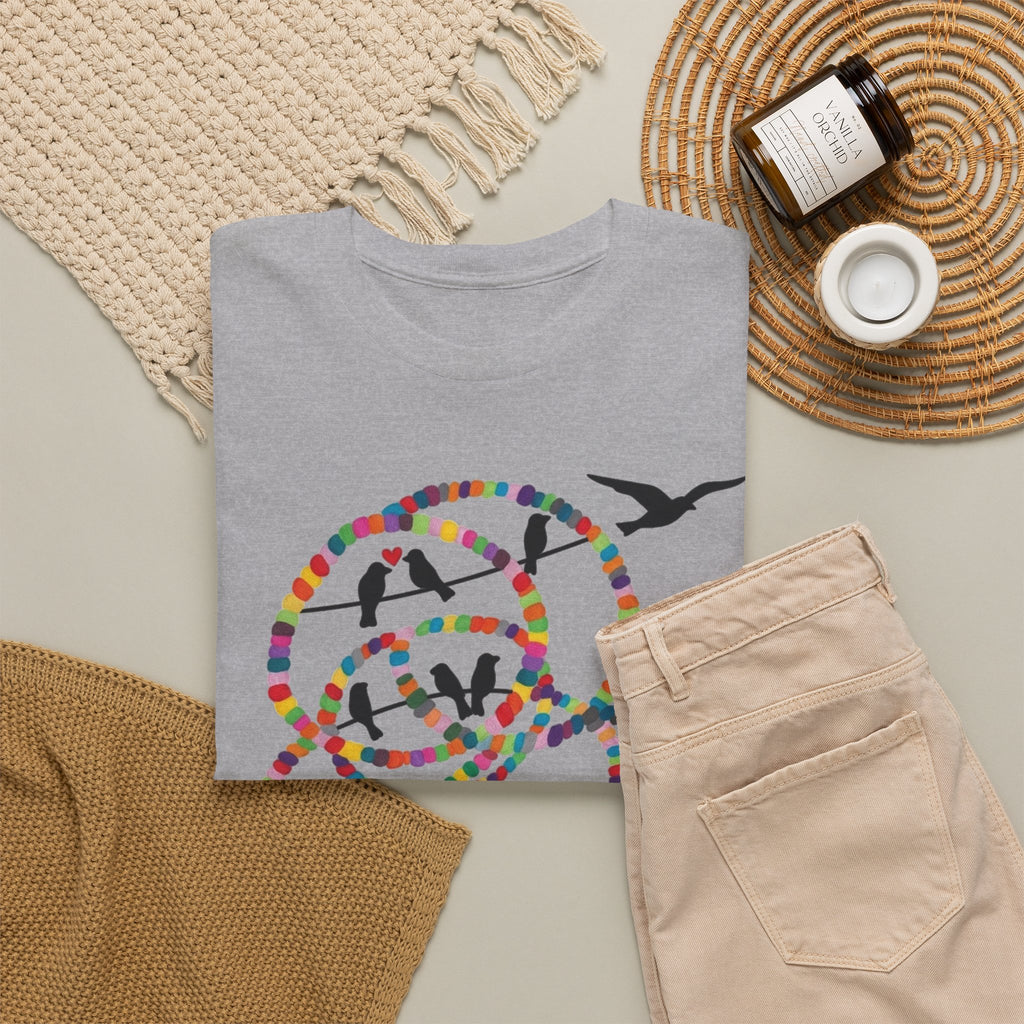 Colorful Tape Swirl with Flying Birds T-Shirt | Abstract Graphic Tee